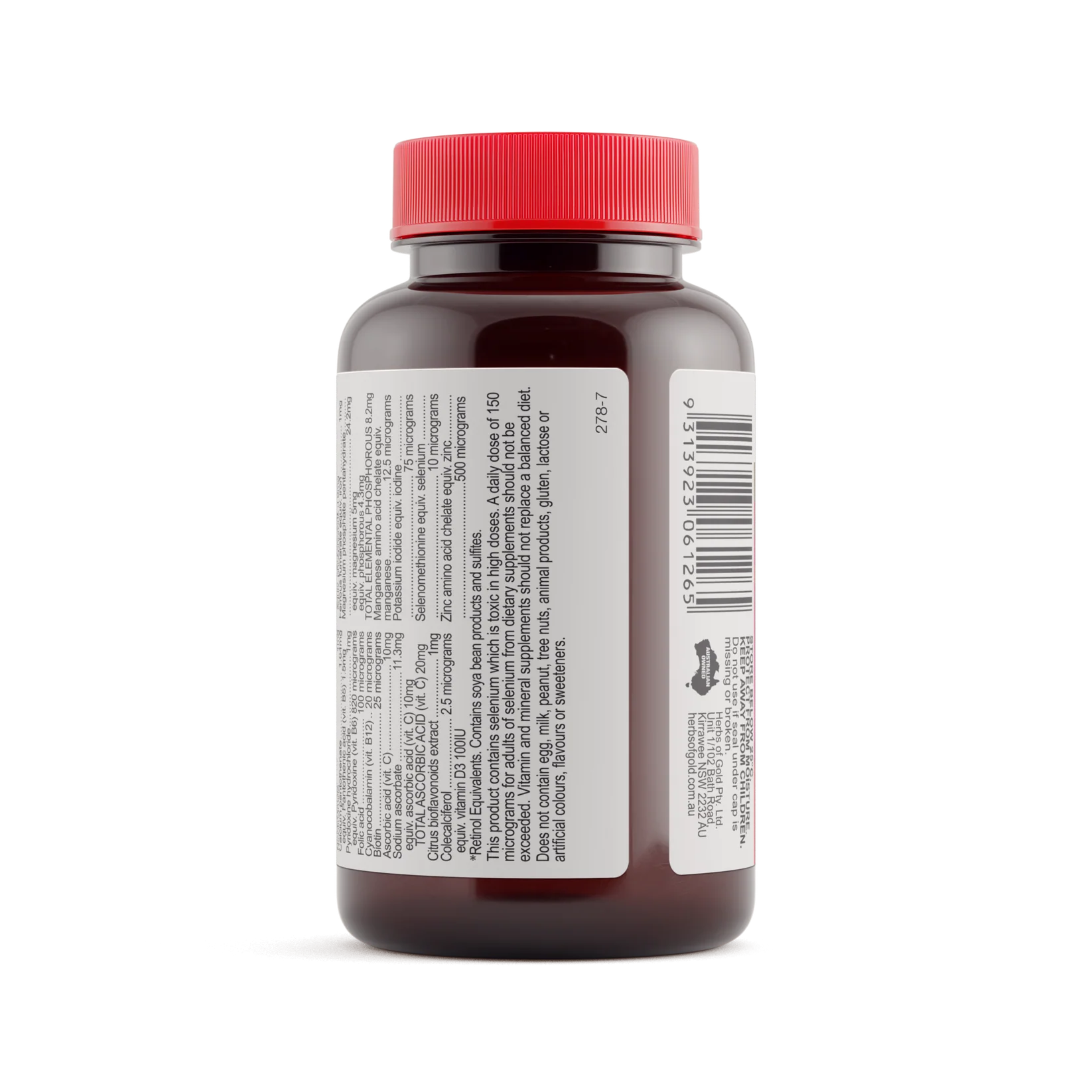 Herbs of Gold Children's Multi Care supplement bottle with colorful label and capsules, designed for kids' health support.
