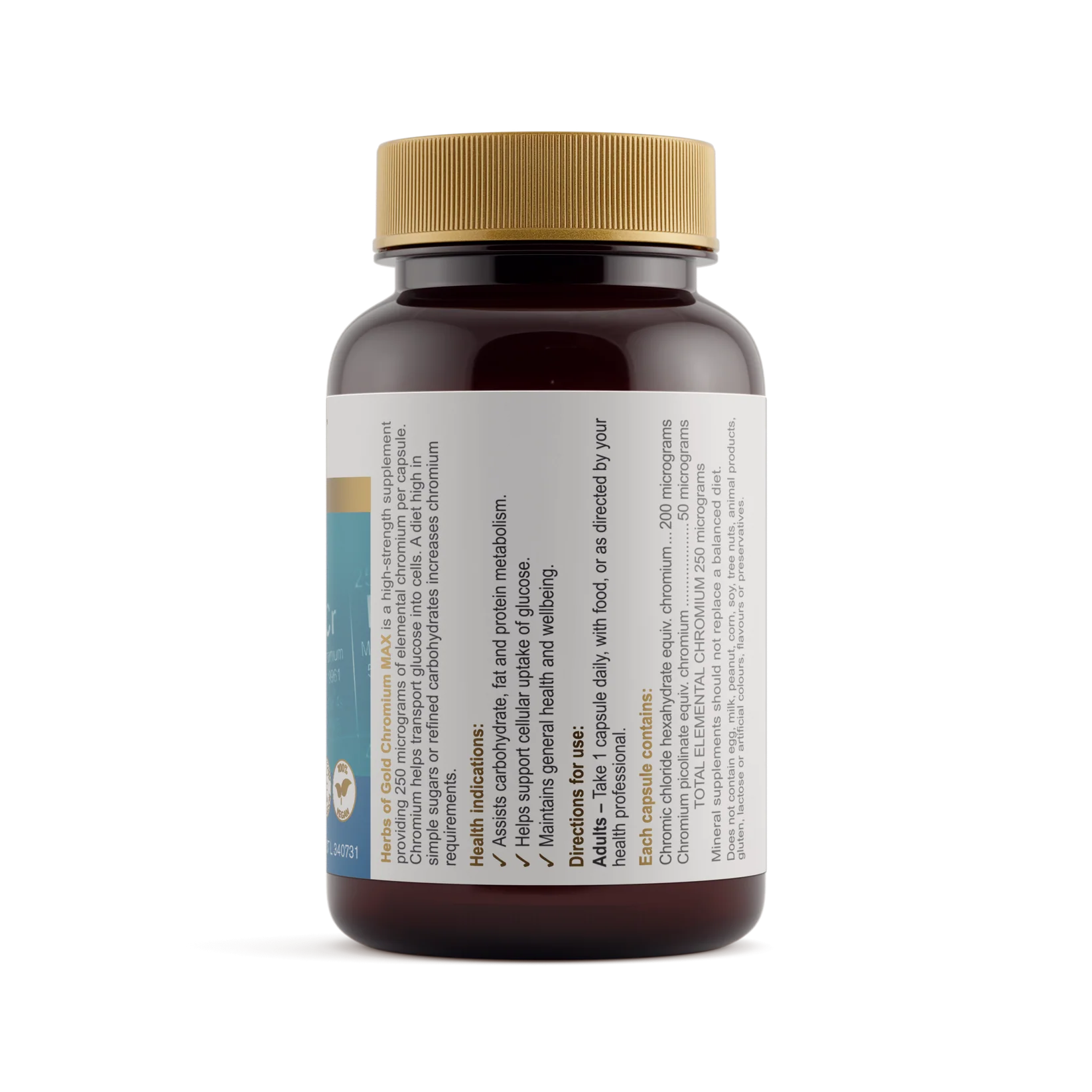 Herbs of Gold Chromium Max supplement bottle with label, showcasing herbal supplement for blood sugar support.