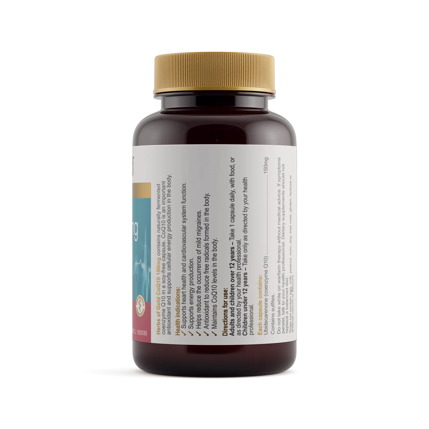 Herbs of Gold CoQ10 150mg supplement bottle with label showing product details and branding.
