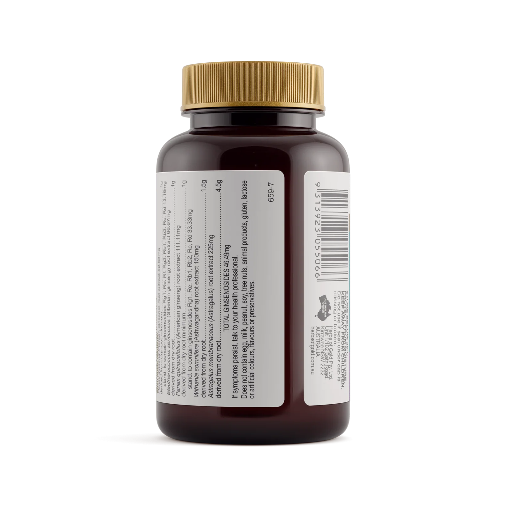 Herbs of Gold Ginseng 4 Energy Gold supplement bottle with label, highlighting herbal ginseng for energy support.