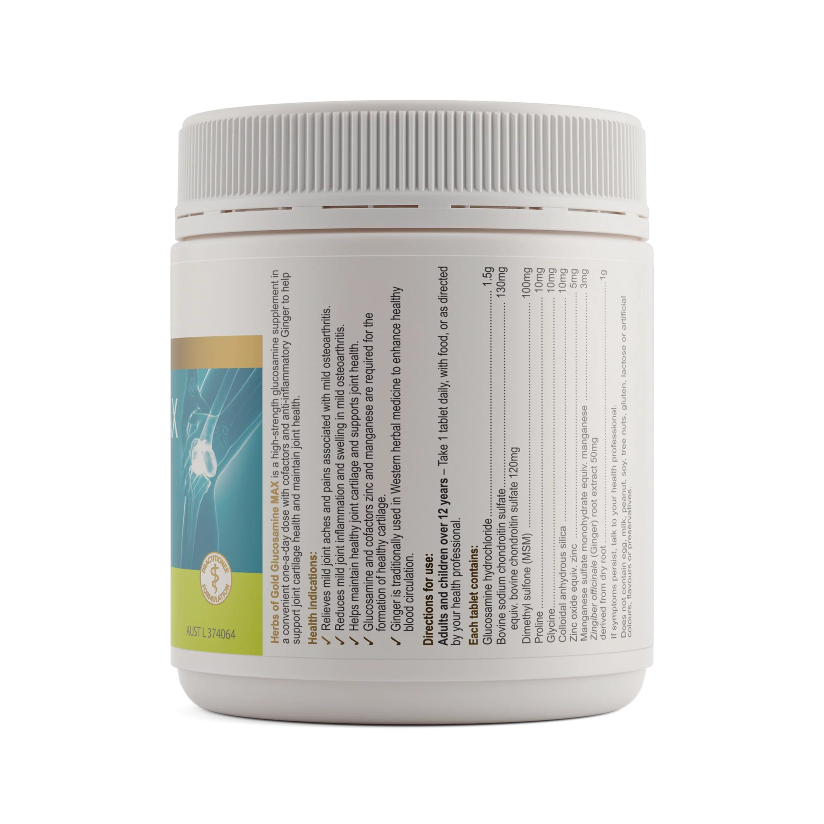 HERBS OF GOLD Glucosamine Max supplement bottle showing label with herbal ingredients and dosage information.