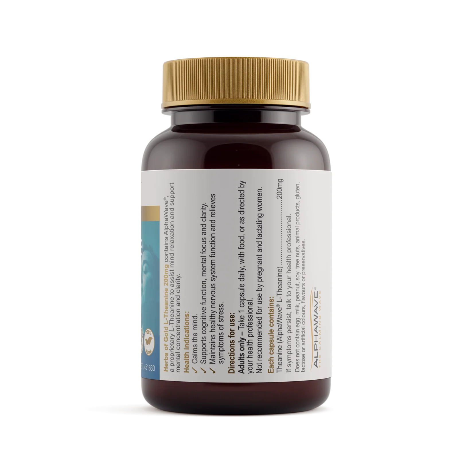 HERBS OF GOLD L-Theanine 200mg supplement bottle with label showing product details and branding.