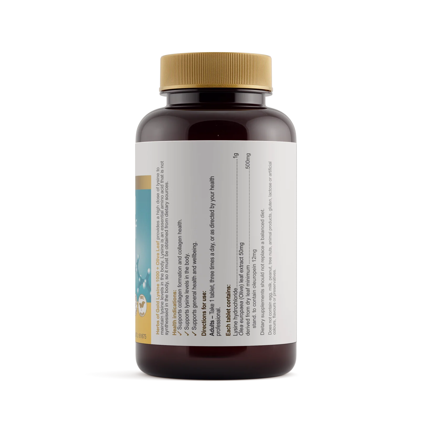 Herbs of Gold Lysine 1000 with olive leaf supplement bottle, featuring natural herbal ingredients and herbal branding on the label.