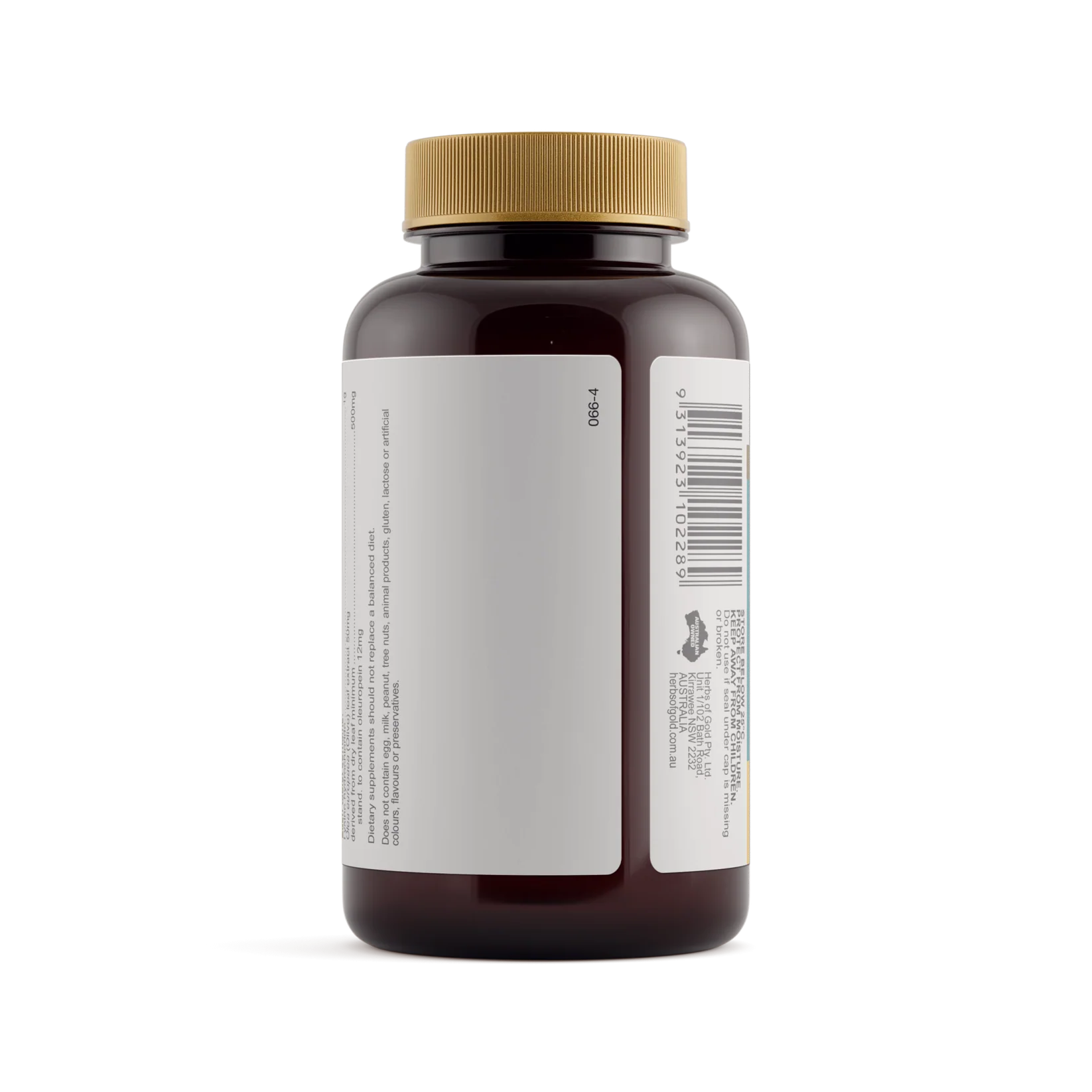 Herbs of Gold Lysine 1000 with olive leaf supplement container with label and capsules in a white bowl.