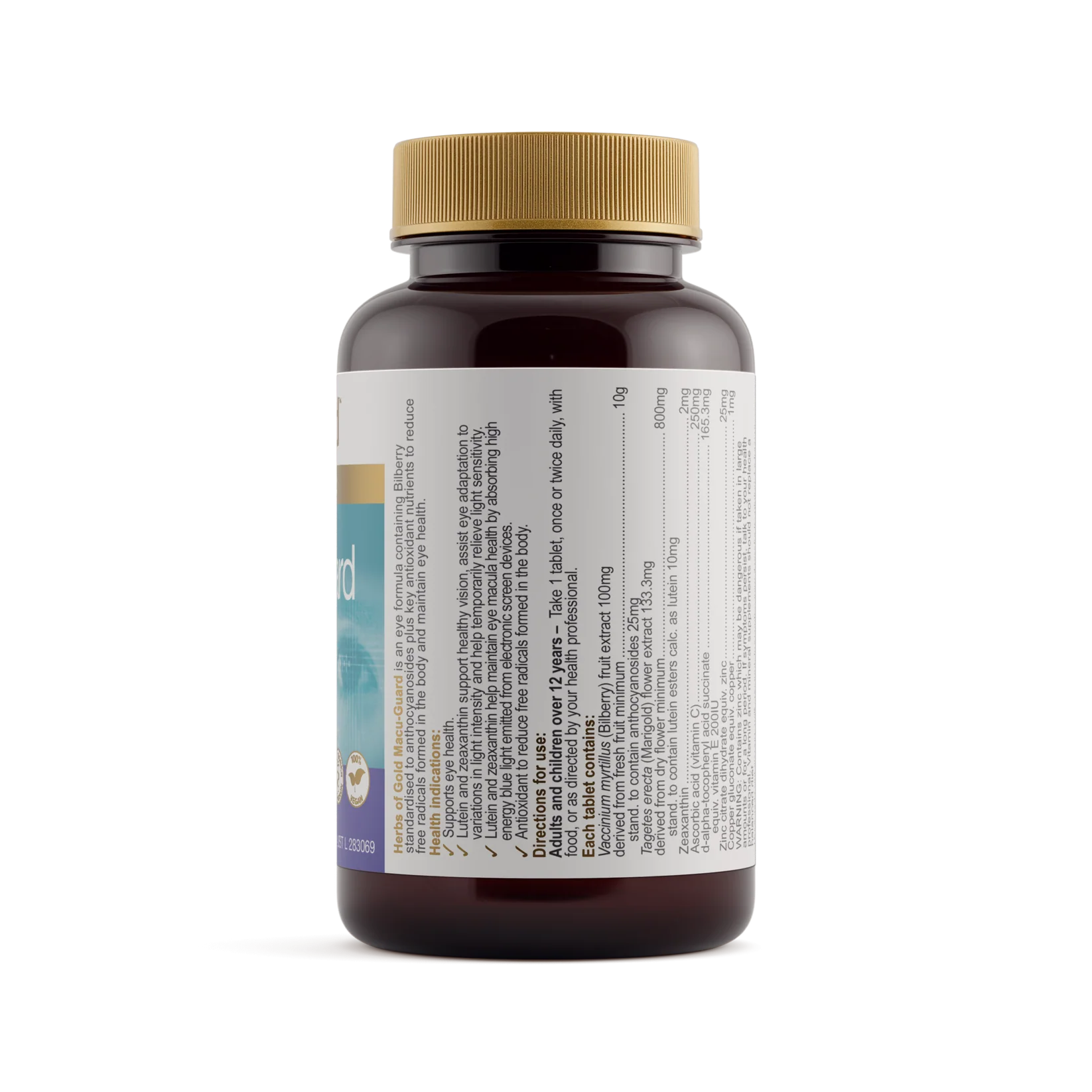 Herbs of Gold Macu-Guard supplement bottle with label showing herbal ingredients and product details for men's health support.