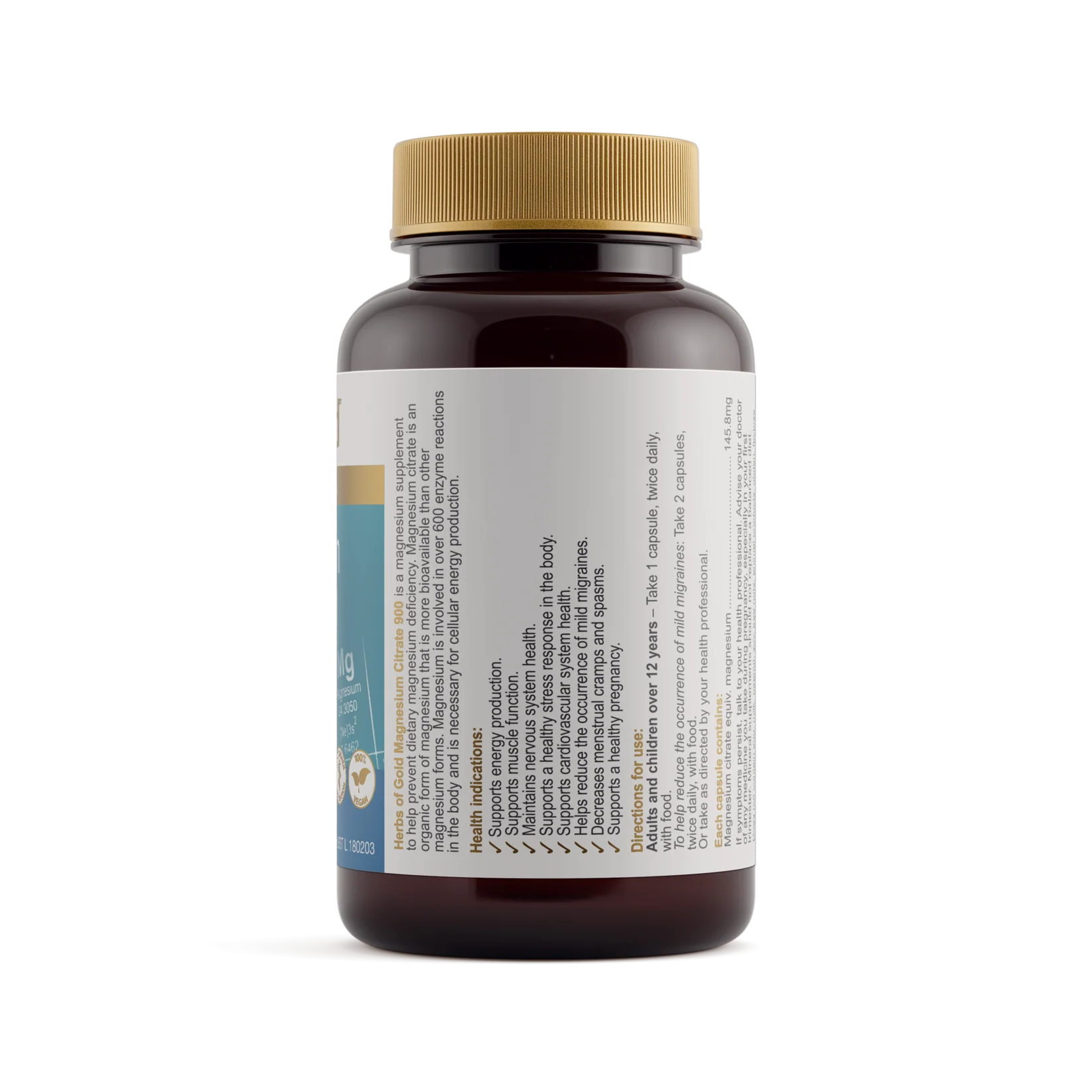 Herbs of Gold Magnesium Citrate 900 supplement bottle with label, showing the herbal supplement for muscle and nerve support.