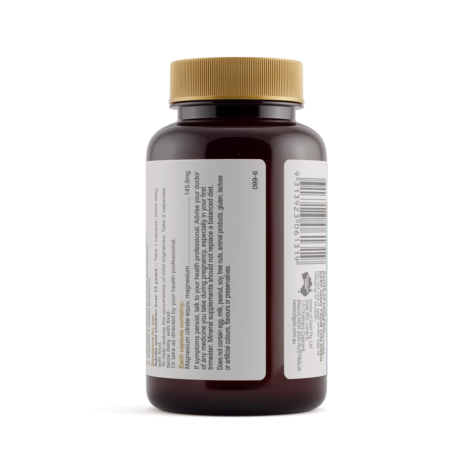 Herbs of Gold Magnesium Citrate 900 supplement bottle with label, showing natural herbs and supplement details.