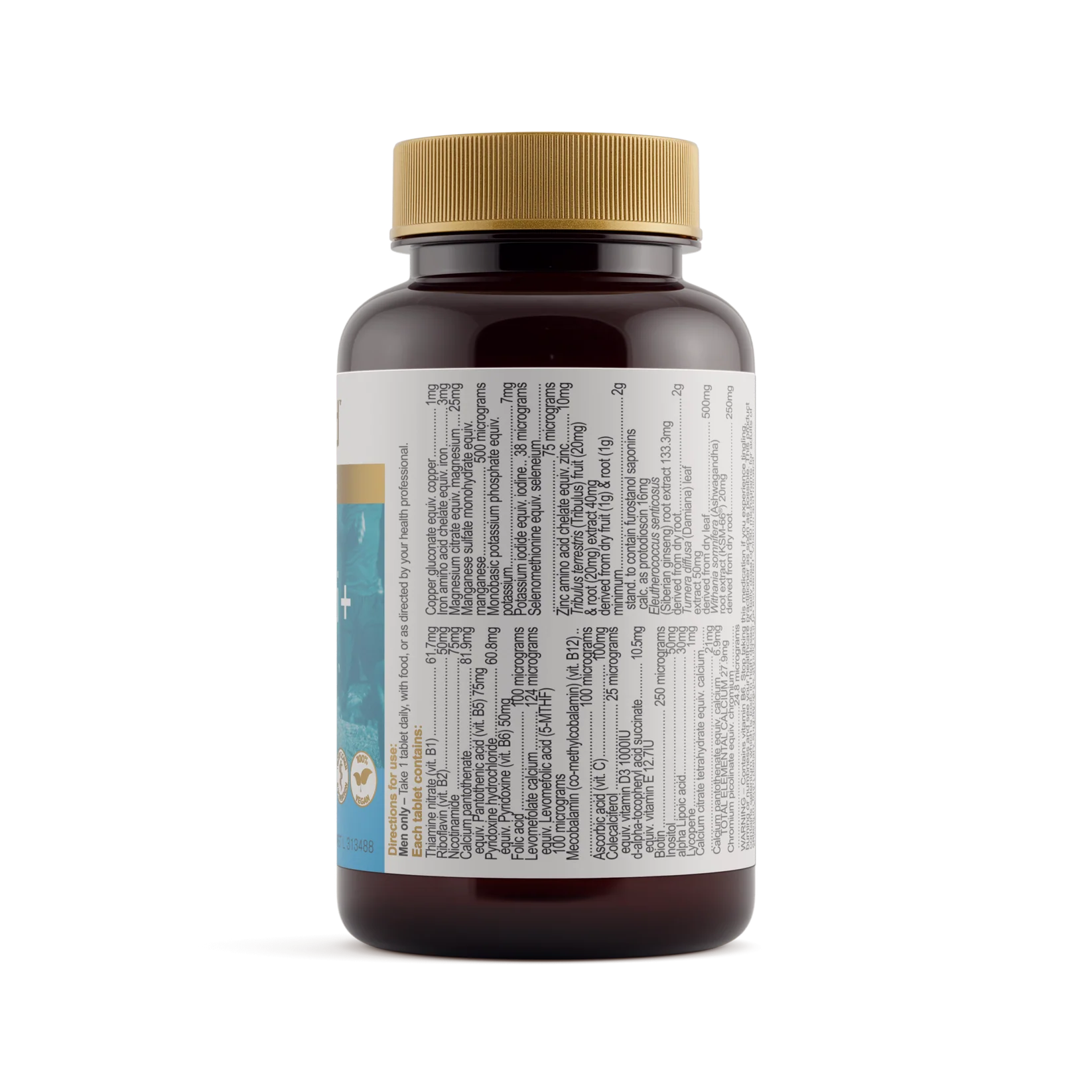 Herbs of Gold Men's Multi+ supplement bottle with colorful label, showing multivitamin tablets and herbal ingredients.