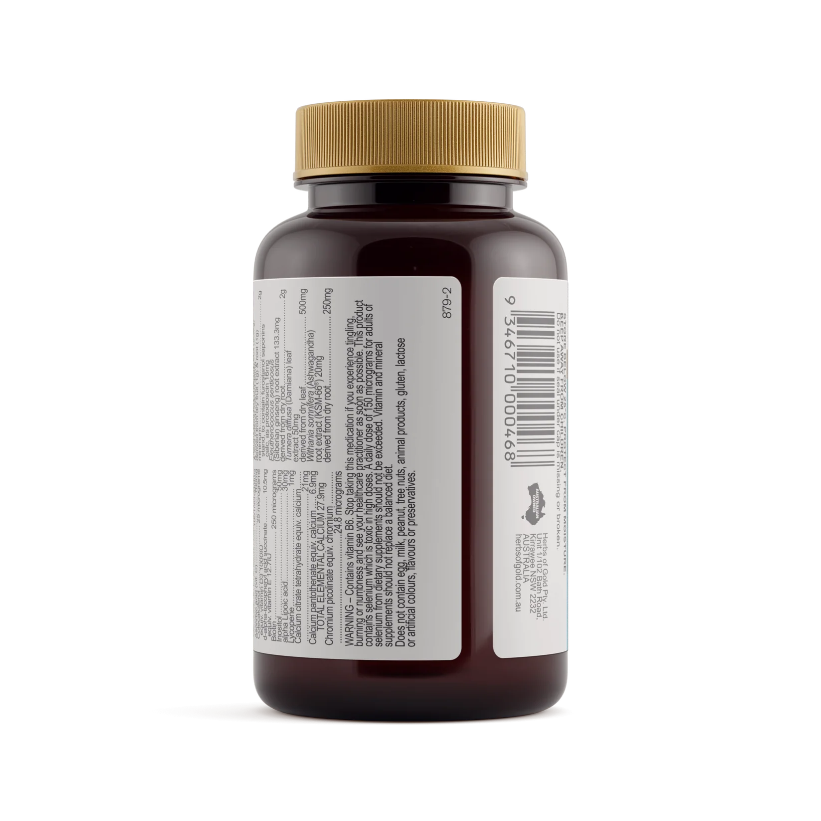 Herbs of Gold Men's Multi+ dietary supplement bottle with colorful label and capsules visible in the image.