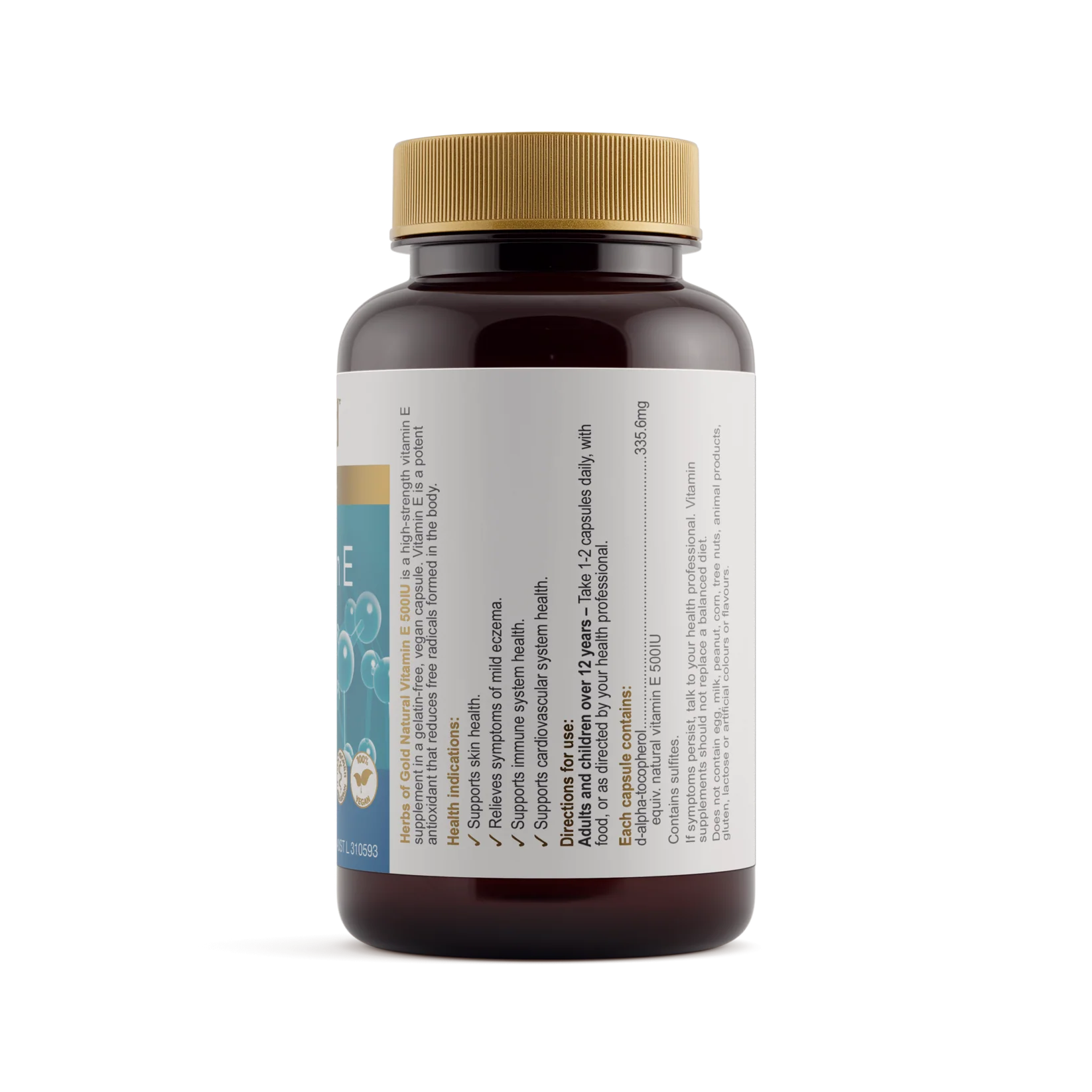 Bottle of Herbs of Gold Natural Vitamin E 500IU supplement with a label showing the product name and dosage.