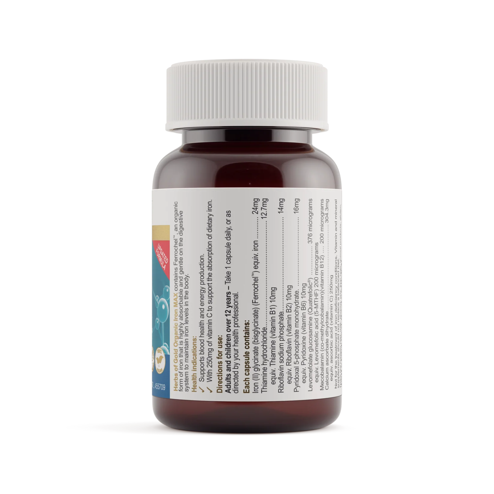 Herbs of Gold Organic Iron Max supplement bottle showing the label and cap, designed for supporting healthy iron levels.