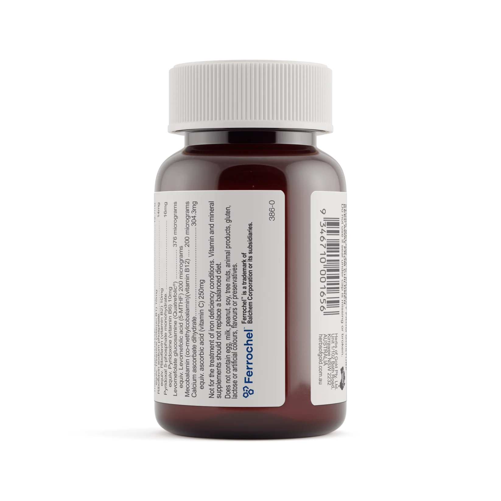 Bottle of HERBS OF GOLD Organic Iron Max supplement with herbal ingredients in a clear container, labeled with product details.