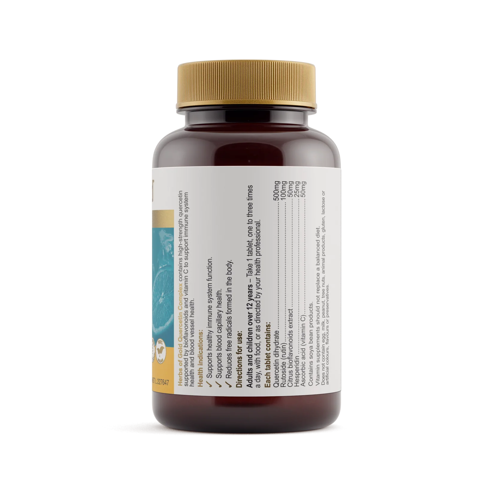 Herbs of Gold Quercetin Complex supplement bottle with colorful label, featuring natural ingredients and herbal branding.