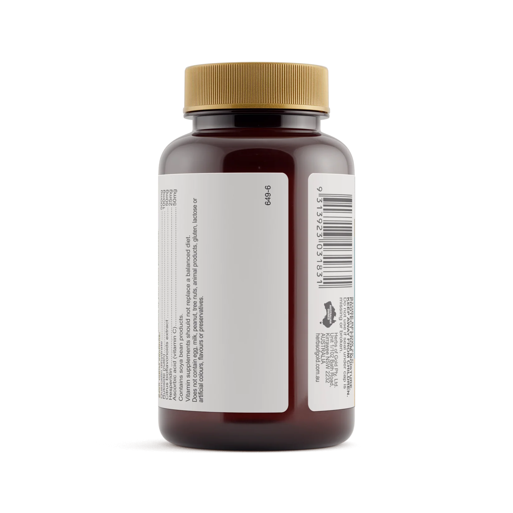 Herbs of Gold Quercetin Complex supplement bottle with label showing herbal ingredients and product details.
