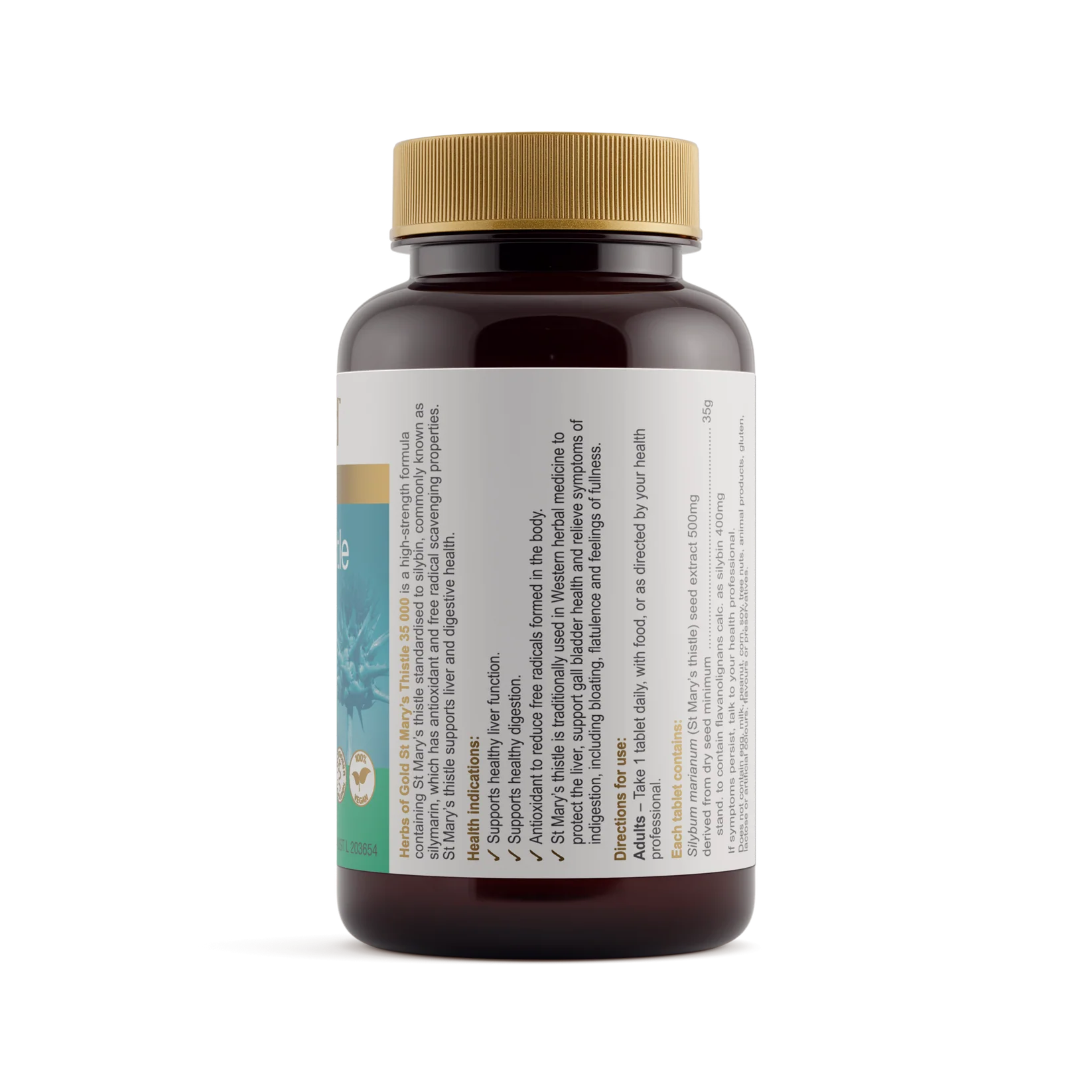 Herbs of Gold St. Mary's Thistle 35,000 supplement bottle with label, natural herbal health product for liver support.