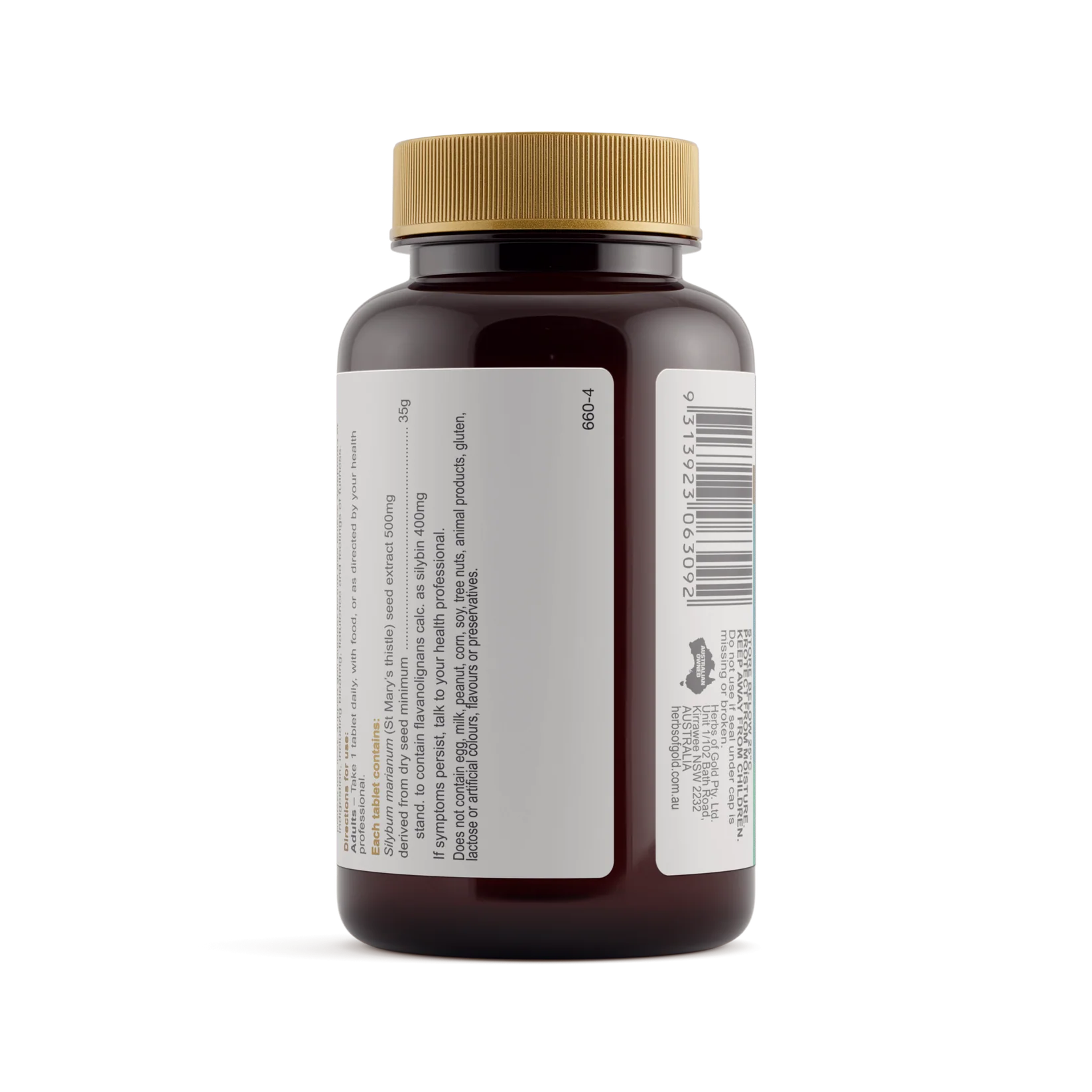 Herbs of Gold St. Mary's Thistle 35,000 supplement bottle with label and cap, natural herbal health product.