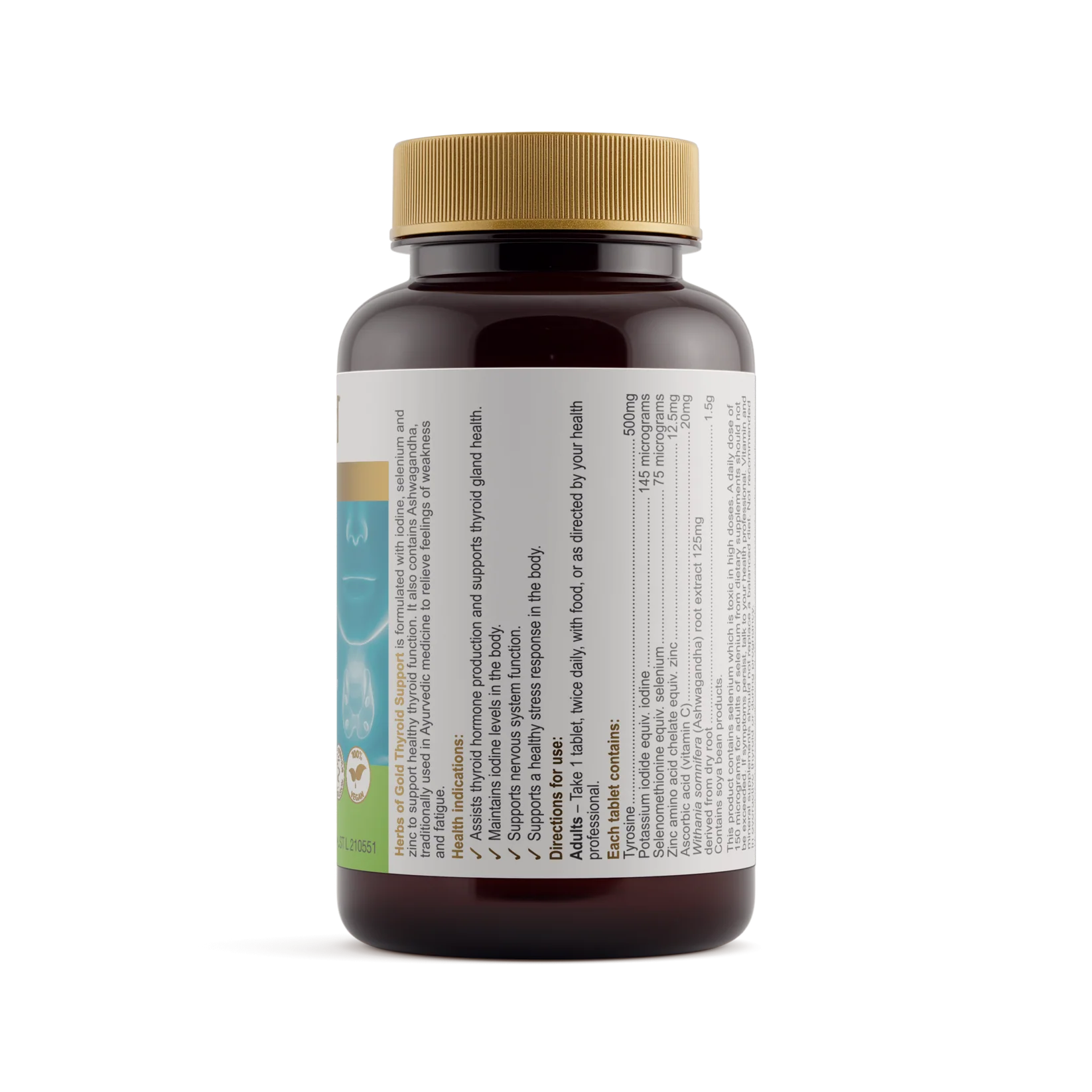 Herbs of Gold Thyroid Support supplement bottle with herbal capsules, designed to promote healthy thyroid function.