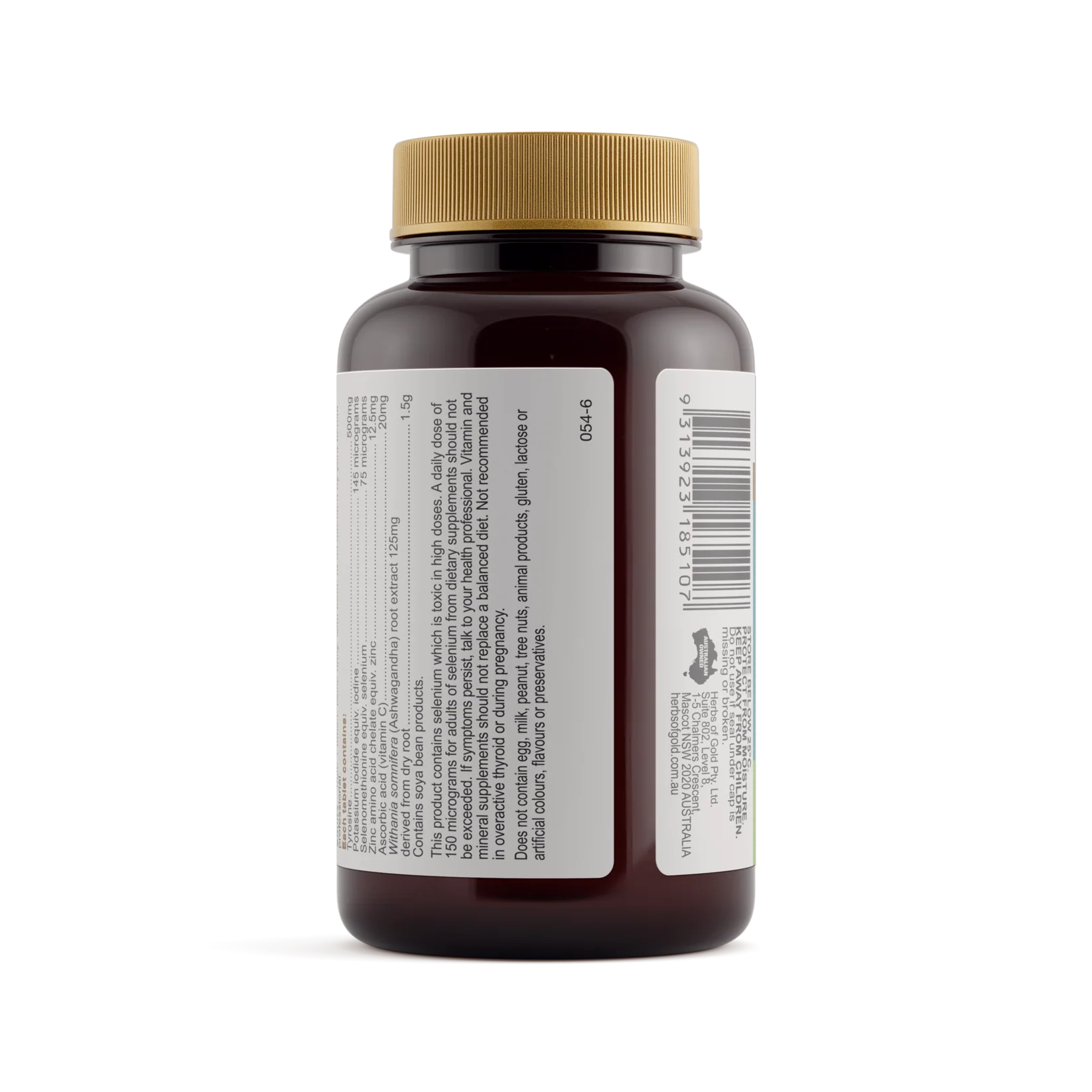 Herbs of Gold Thyroid Support supplement bottle with label showing thyroid health ingredients, on a white background