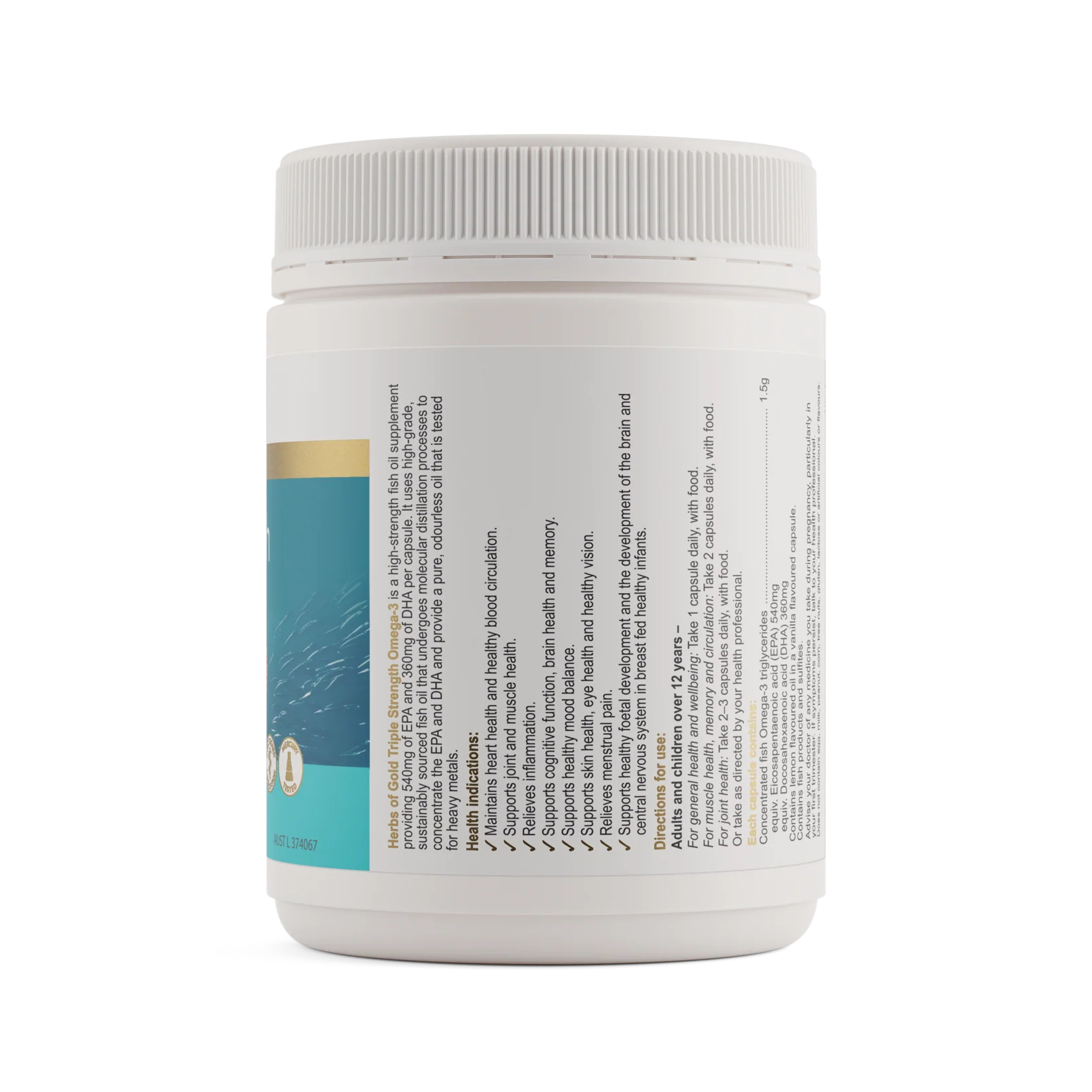 Herbs of Gold Triple Strength Omega-3 supplement bottle with label showing fish oil capsules and branding.