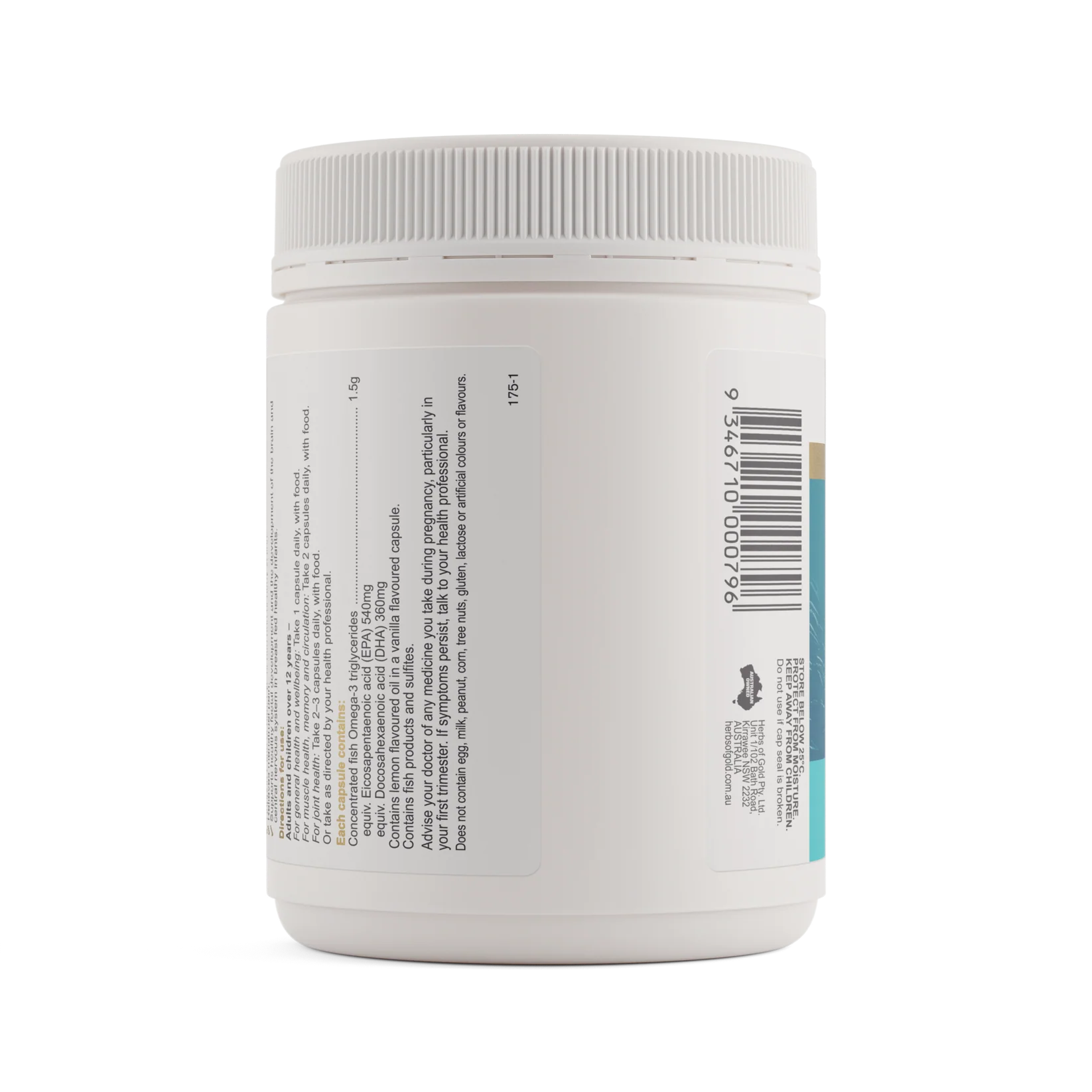 Herbs of Gold Triple Strength Omega-3 supplement bottle with capsules, featuring the brand label and product information.