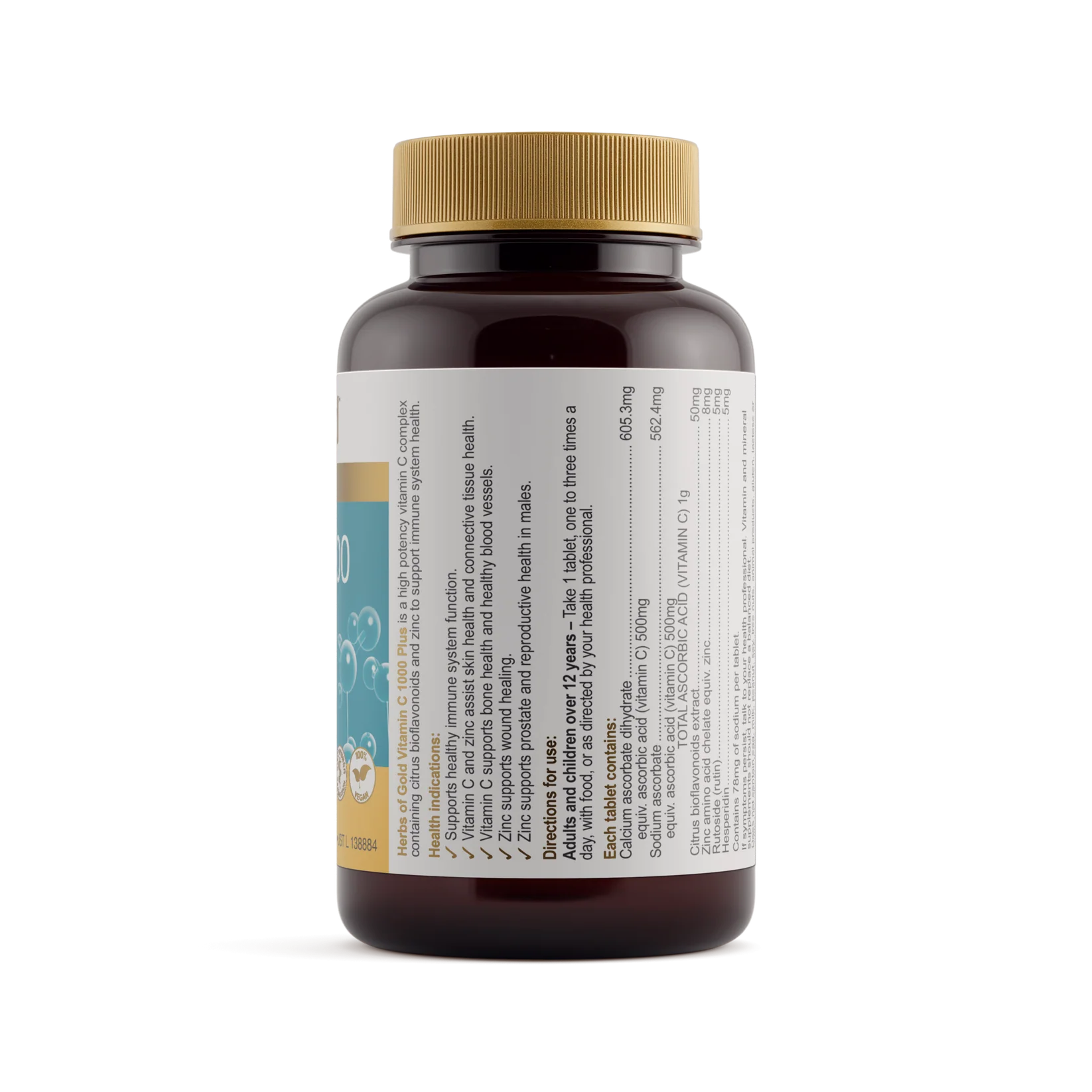 Herbs of Gold Vitamin C 1000 Plus supplement bottle with label showing health benefits and dosage information.