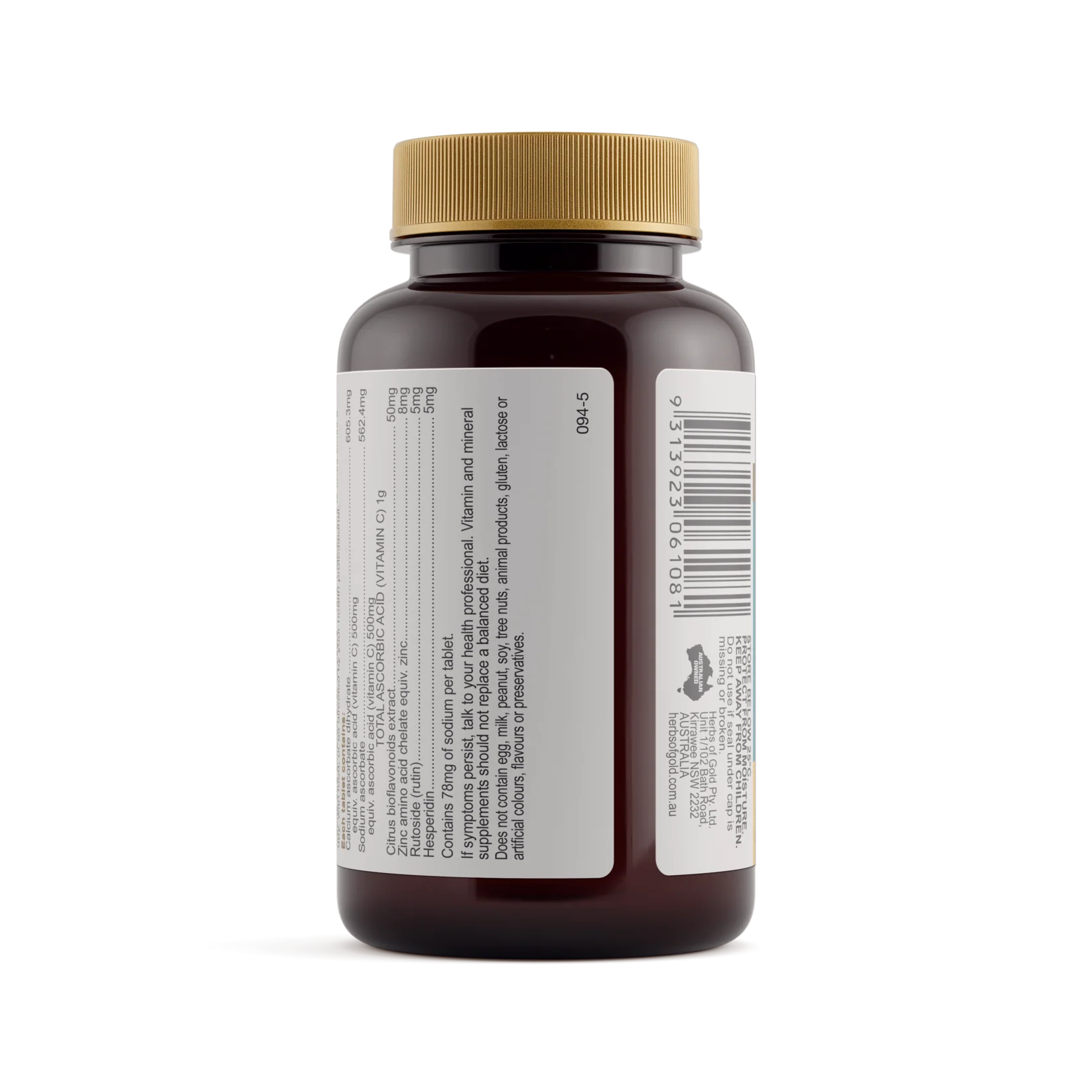 Herbs of Gold Vitamin C 1000 Plus supplement bottle with label showing supplement details and branding.