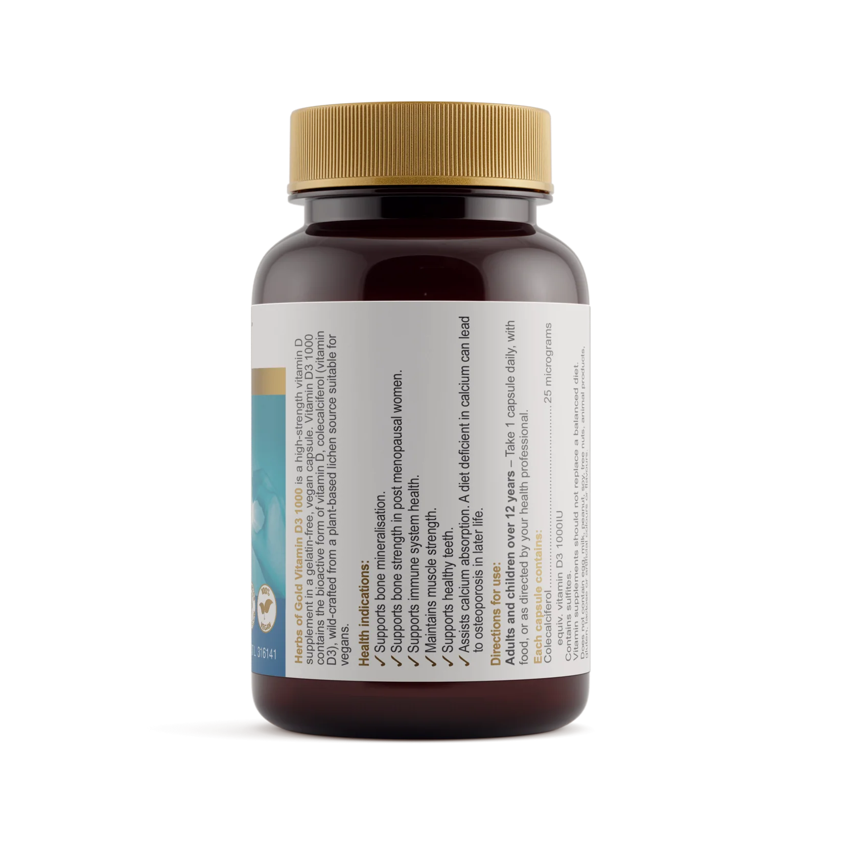 Herbs of Gold Vitamin D3 1000 supplement bottle with label, showing the herbal supplement designed to support bone and immune health.