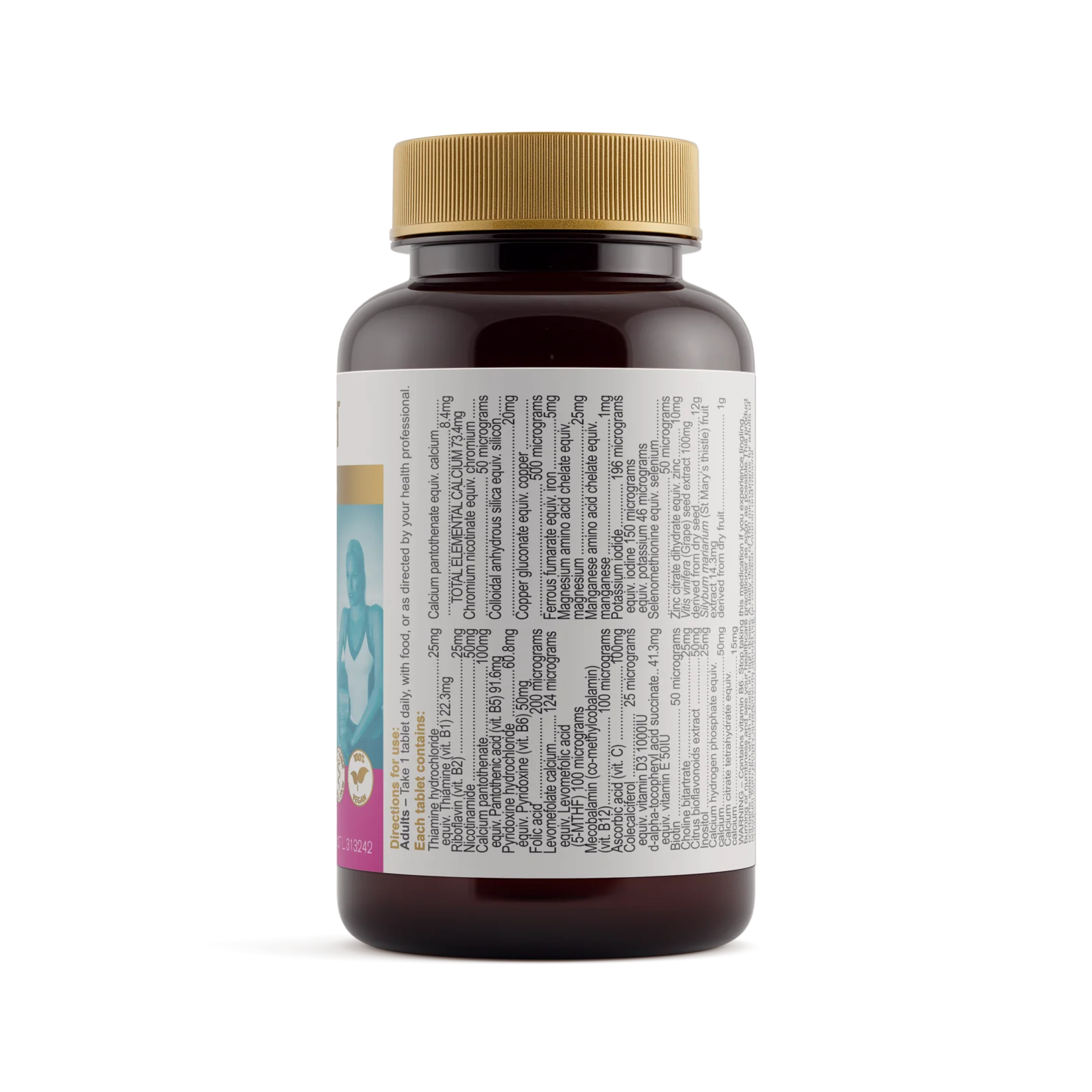 HERBS OF GOLD Women's Multi+ multivitamin supplement bottle with colorful label and capsules visible in front.