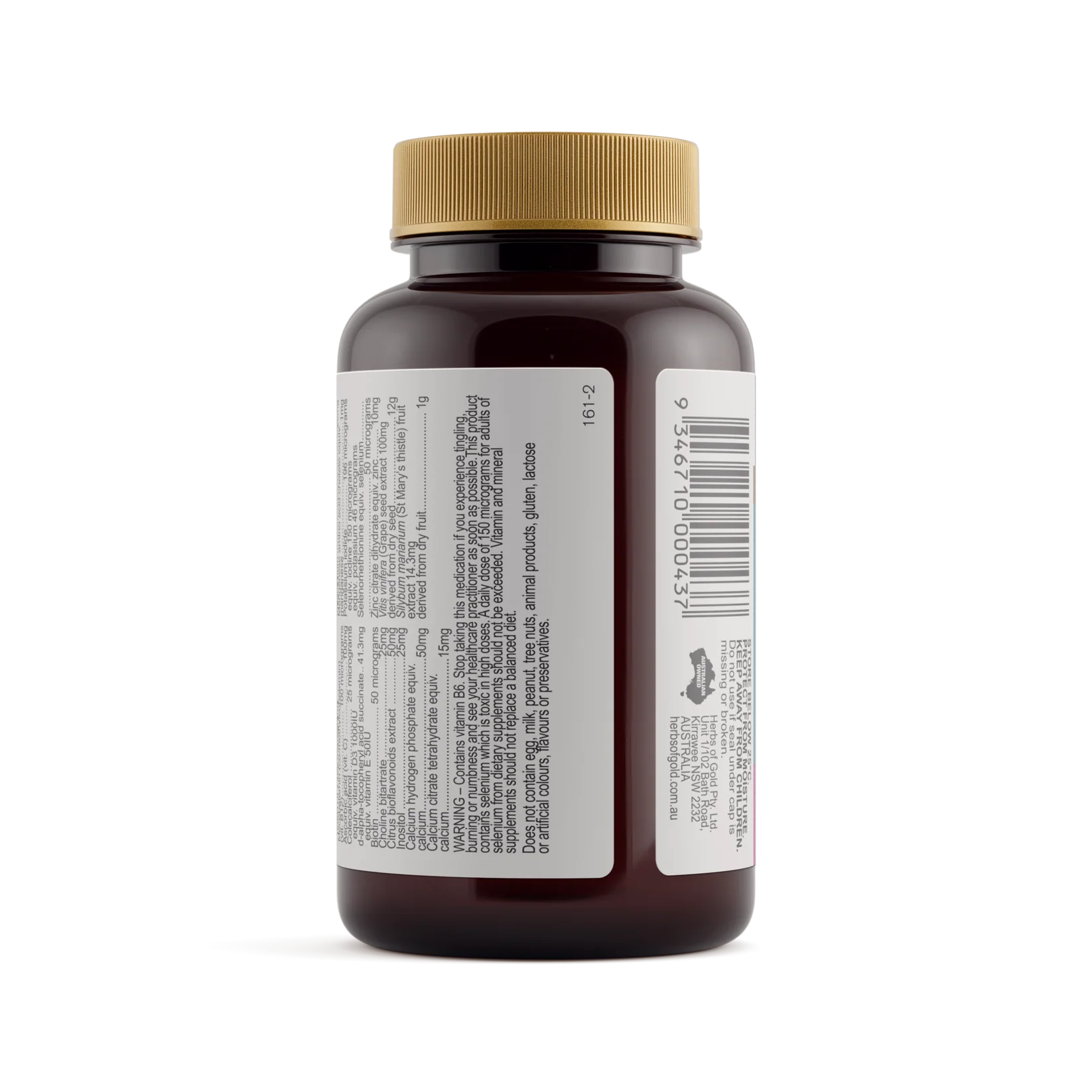 Herbs of Gold Women's Multi+ multivitamin supplement bottle with colorful label and capsules in front.