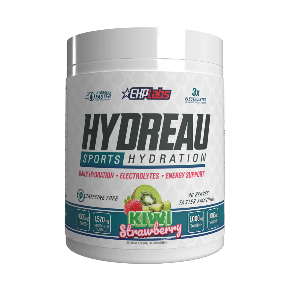EHP LABS Hydreau sports drink powder in kiwi strawberry flavor, featuring a vibrant pink and green package with refreshing fruit visuals.