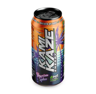 KAMIKAZE Energy KAMIKAZE sports drink with vibrant Hawaiian-inspired splice design on the bottle label.