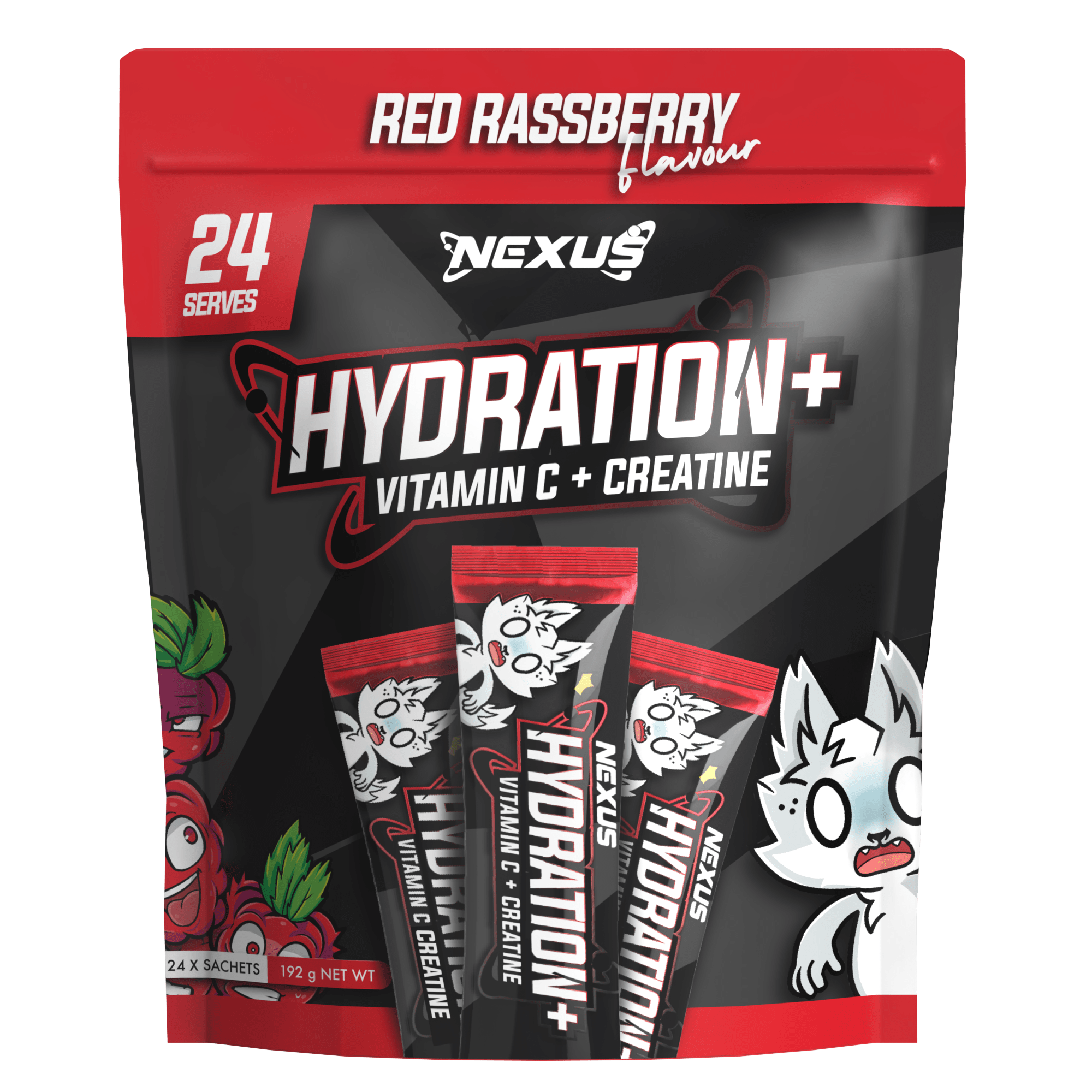 Nexus Nutrition Hydration+ in red raspberry flavor, showing the supplement powder packet with vibrant red raspberry imagery.