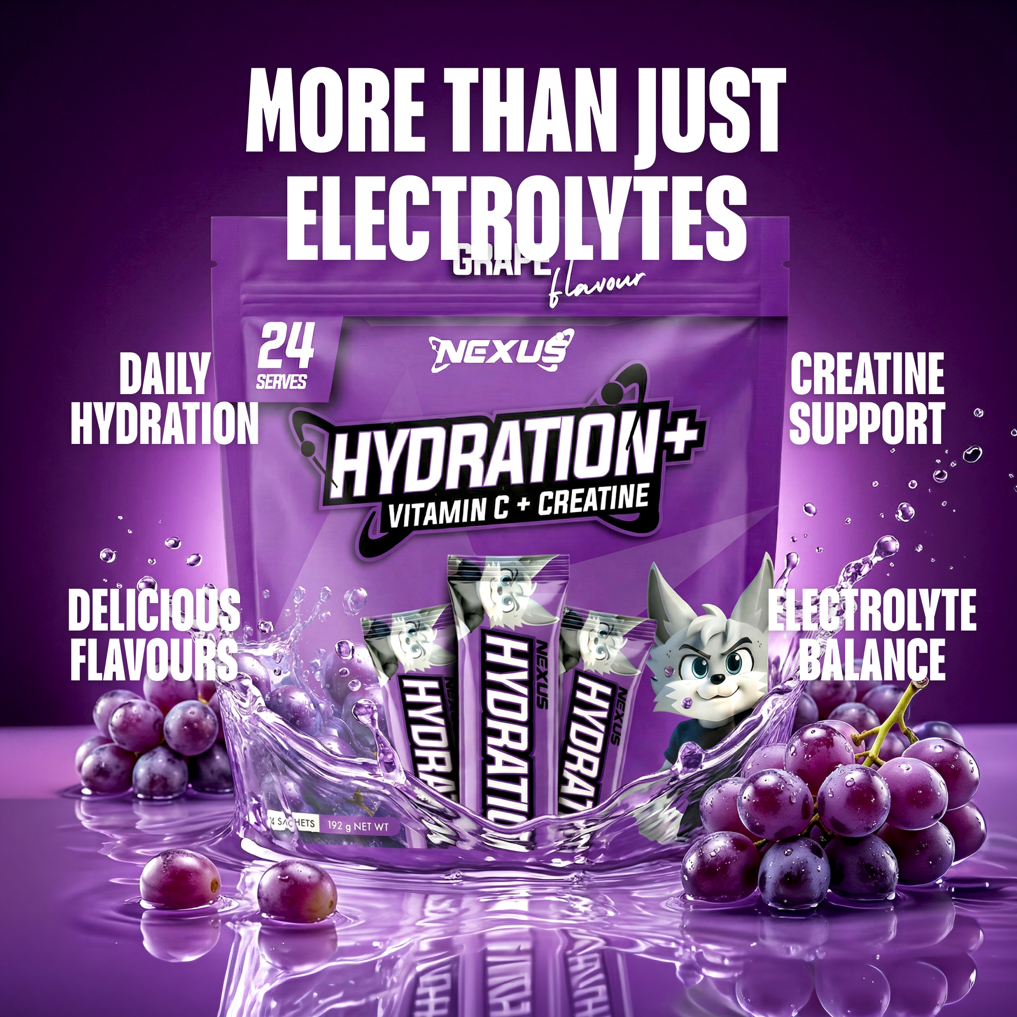Nexus Nutrition Hydration+ in grape flavor, showing a close-up of the supplement powder mix in a container.
