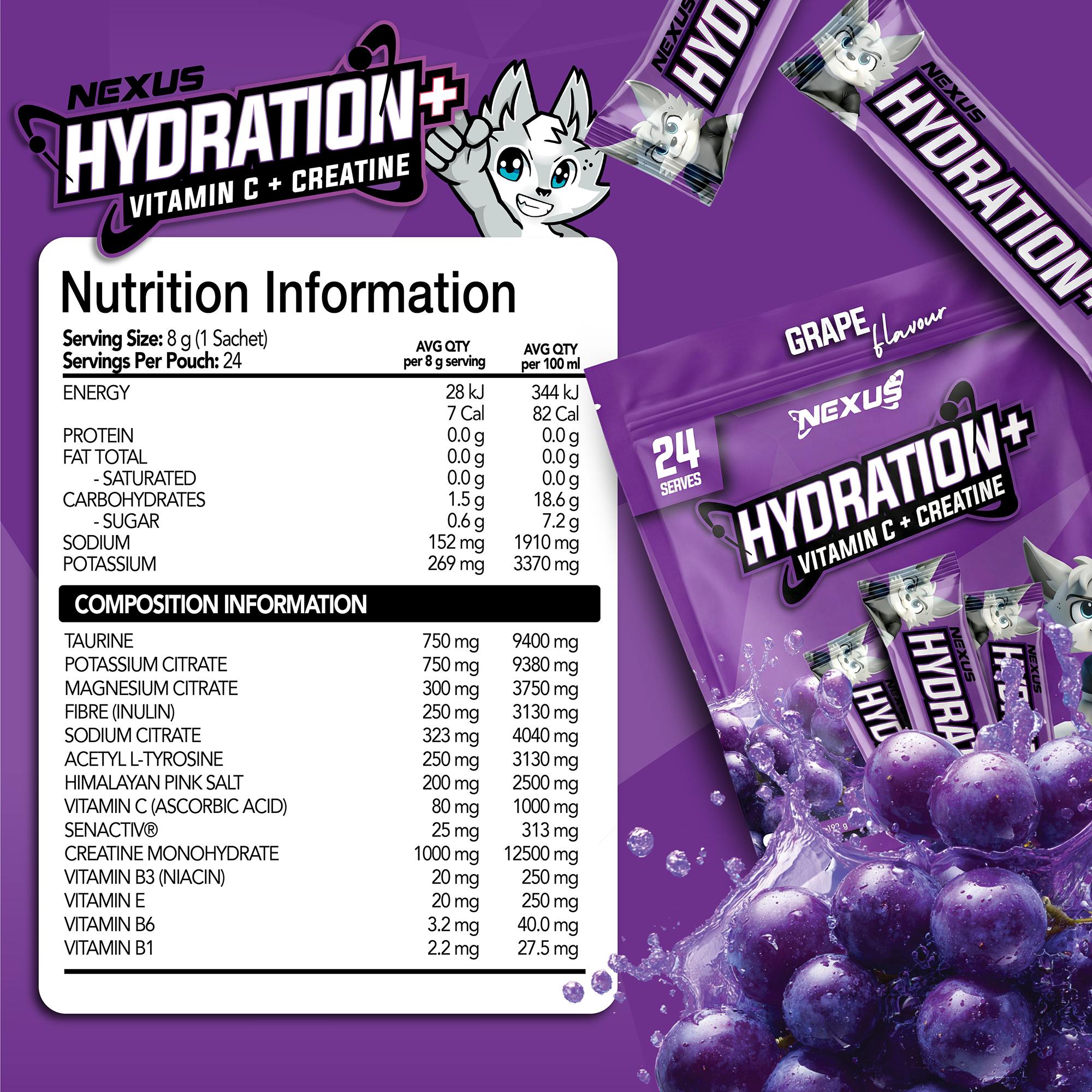 Nexus Nutrition Hydration+ grape-flavored hydration supplement in a clear glass with a purple liquid inside.