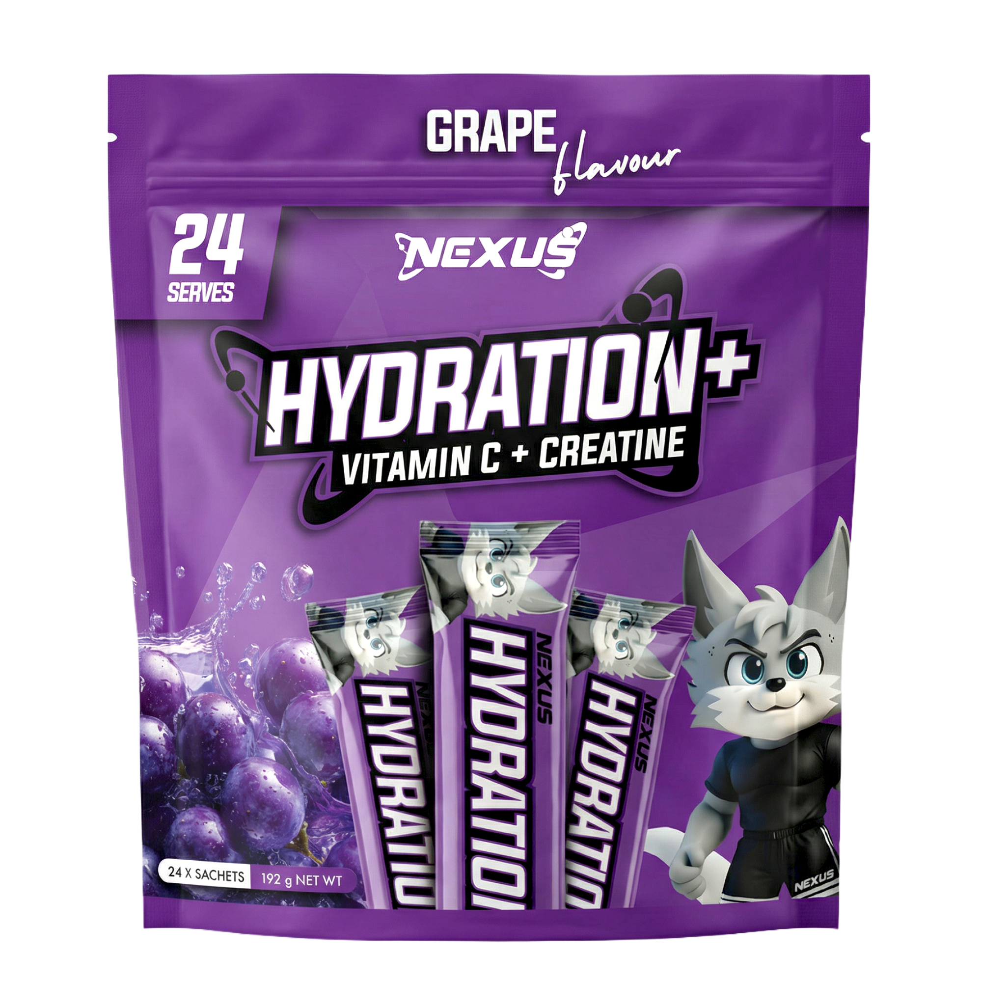 Nexus Nutrition Hydration+ grape-flavored electrolyte drink mix in a ready-to-drink bottle.