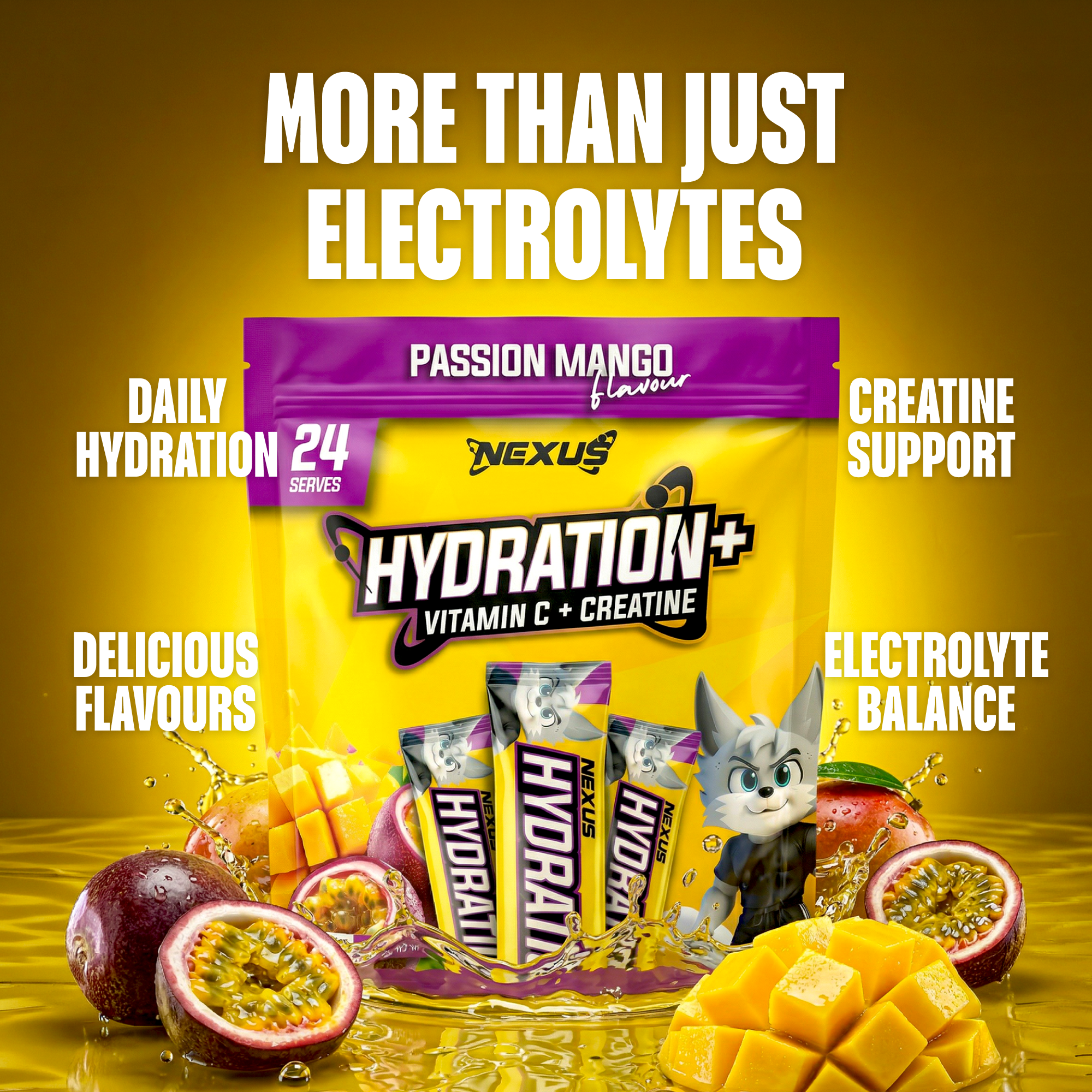 Nexus Nutrition Hydration+ Passion Mango flavored electrolyte drink in a clear bottle with vibrant mango imagery.