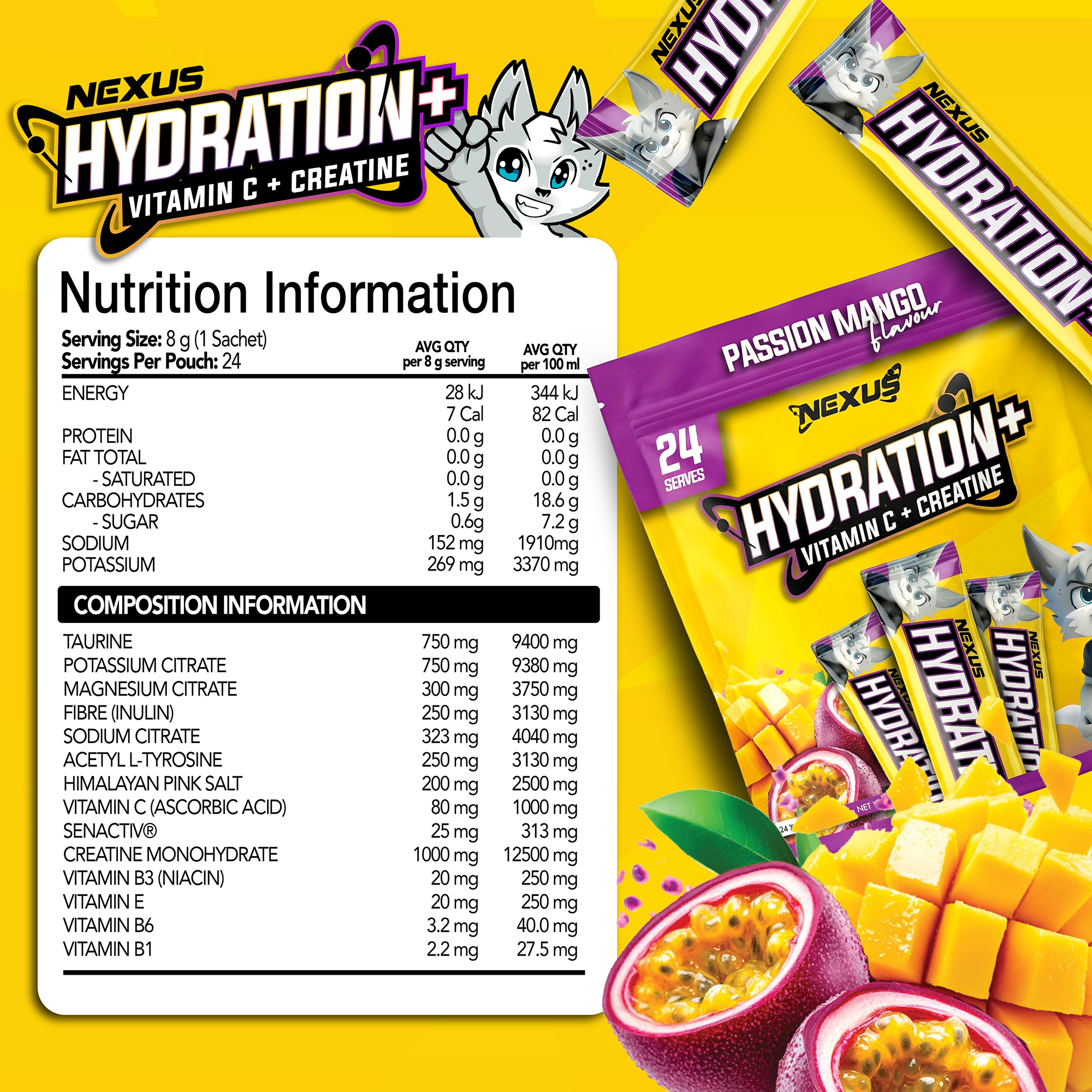Nexus Nutrition Hydration+ Passion Mango electrolyte drink mix in a clear container with a vibrant label.