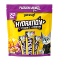 Nexus Nutrition Hydration+ Passion Mango electrolyte drink powder in a bright, colorful package with mango fruit imagery.