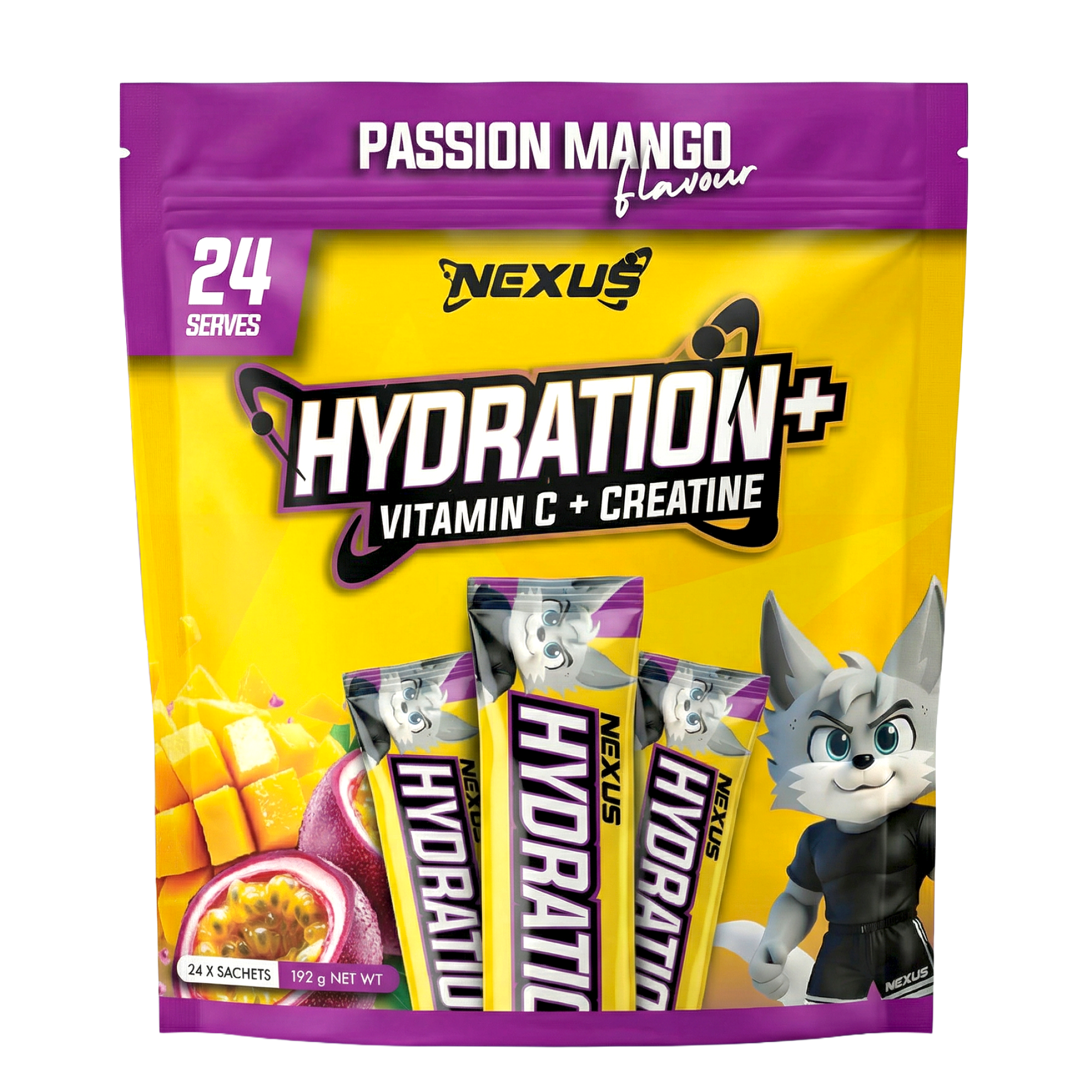Nexus Nutrition Hydration+ Passion Mango electrolyte drink powder in a bright, colorful package with mango fruit imagery.