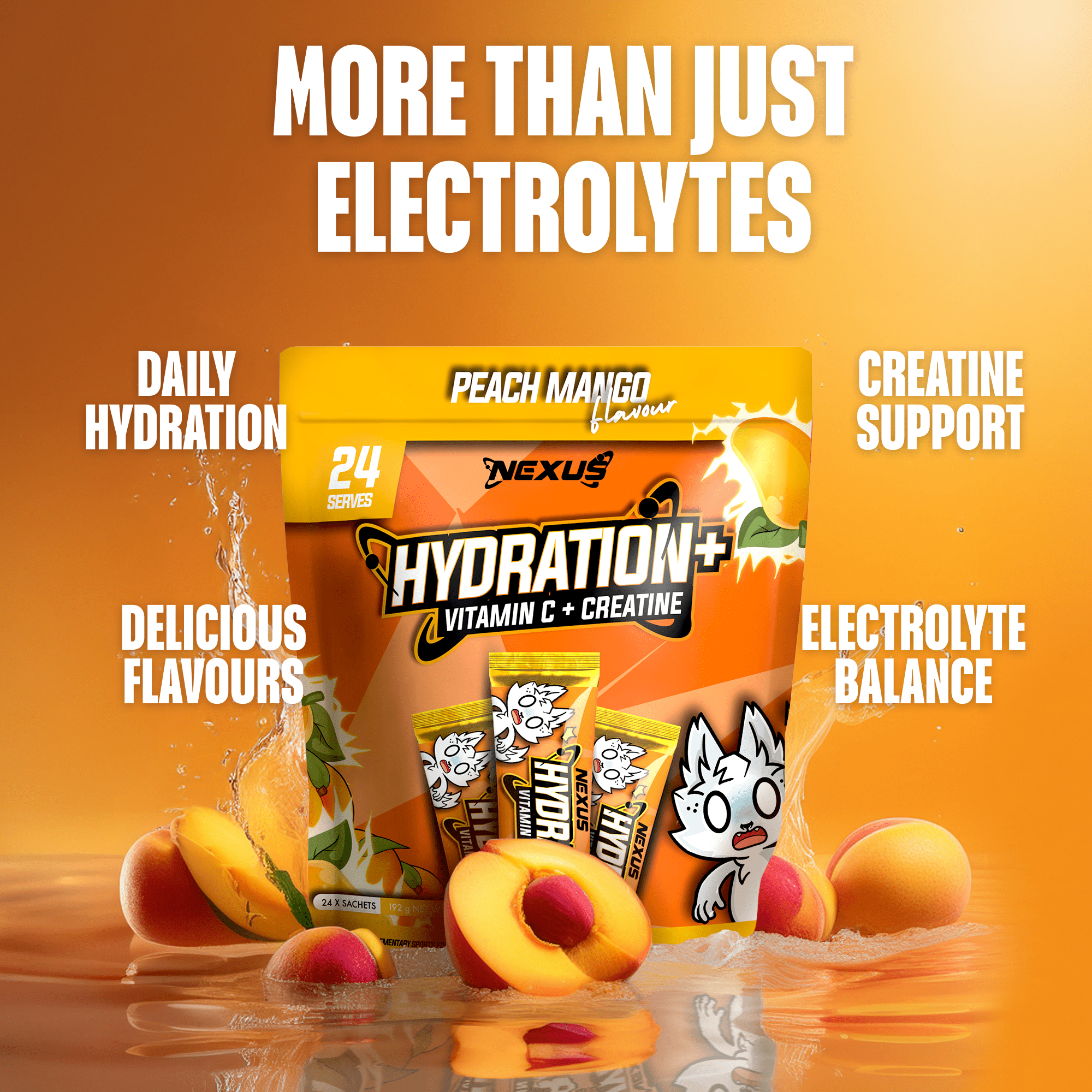 Nexus Nutrition Hydration+ peach mango flavored electrolyte drink in a clear bottle with vibrant label.