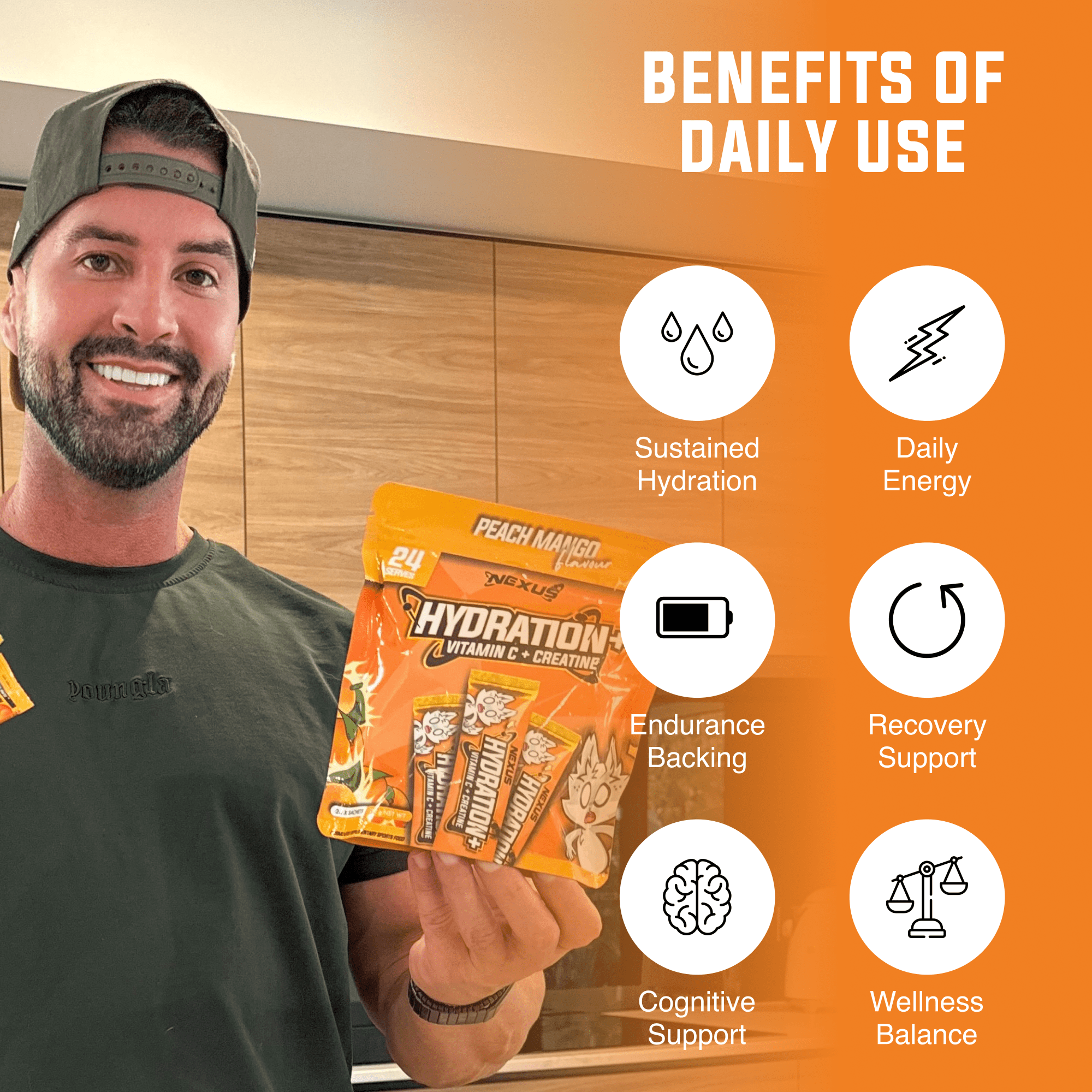 Nexus Nutrition Hydration+ Peach Mango electrolyte drink powder in a resealable bag with a scoop and flavor label.