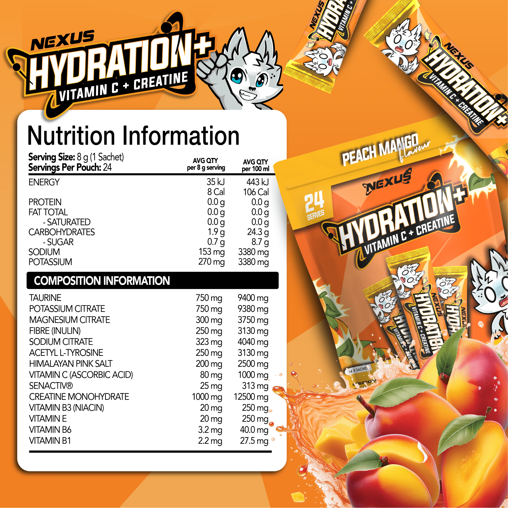 Nexus Nutrition Hydration+ drink with peach mango flavor in a clear glass, showing the vibrant beverage and fresh fruit slices.
