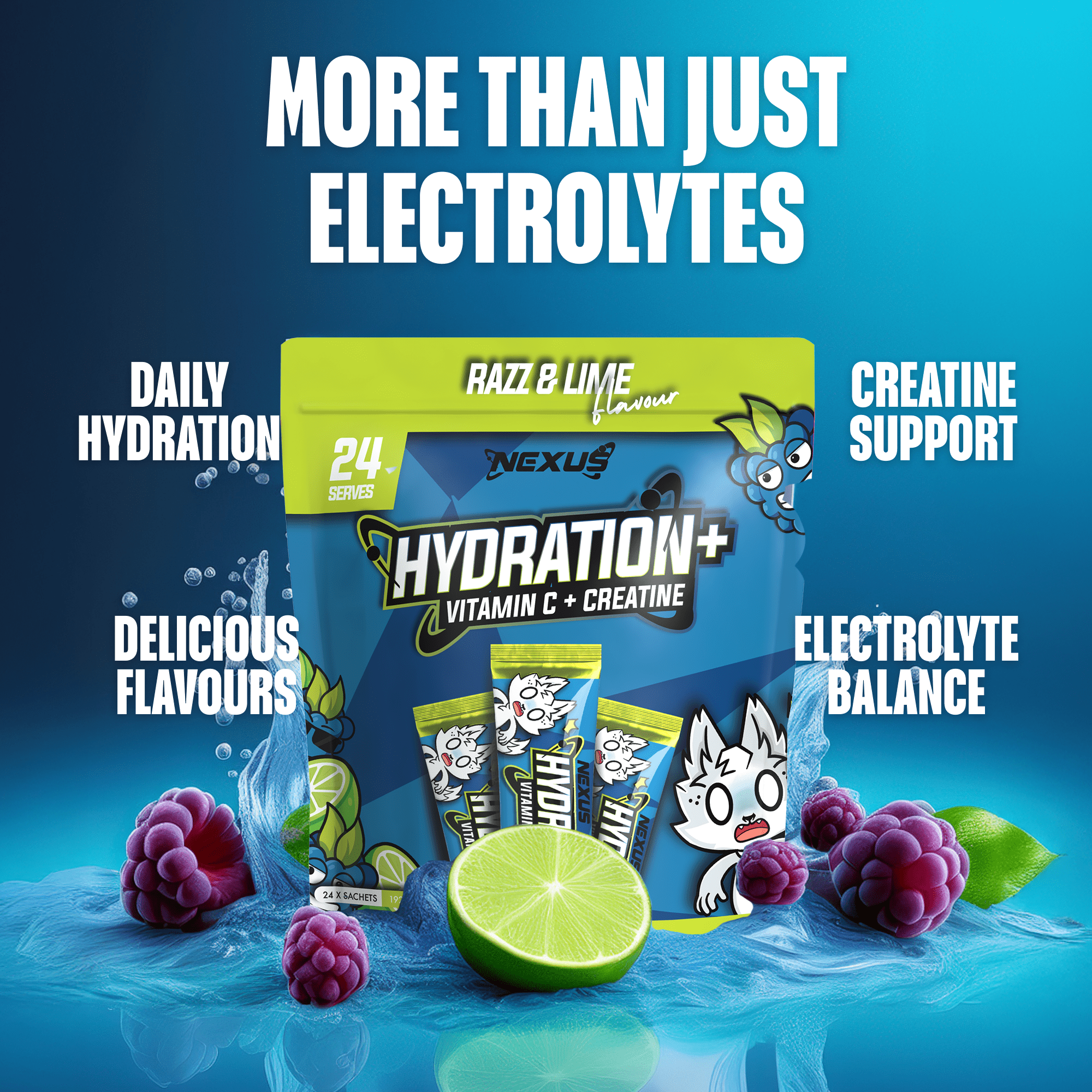 Nexus Nutrition Hydration+ with Razz Lime flavor, showing a colorful electrolyte drink in a clear glass with ice and fresh lime slices.