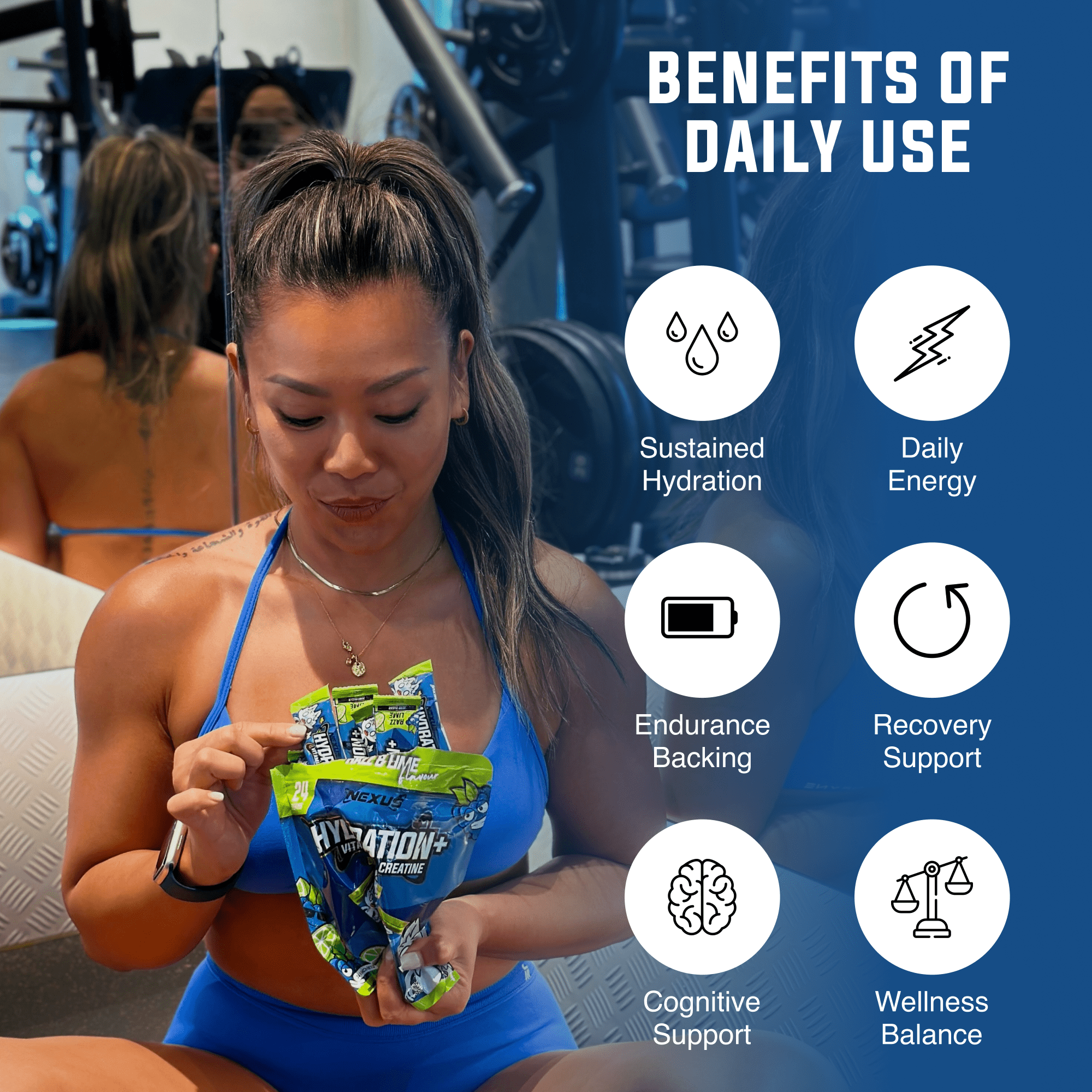 Nexus Nutrition Hydration+ Razz Lime electrolyte drink mix in a resealable pouch with pink and green packaging.