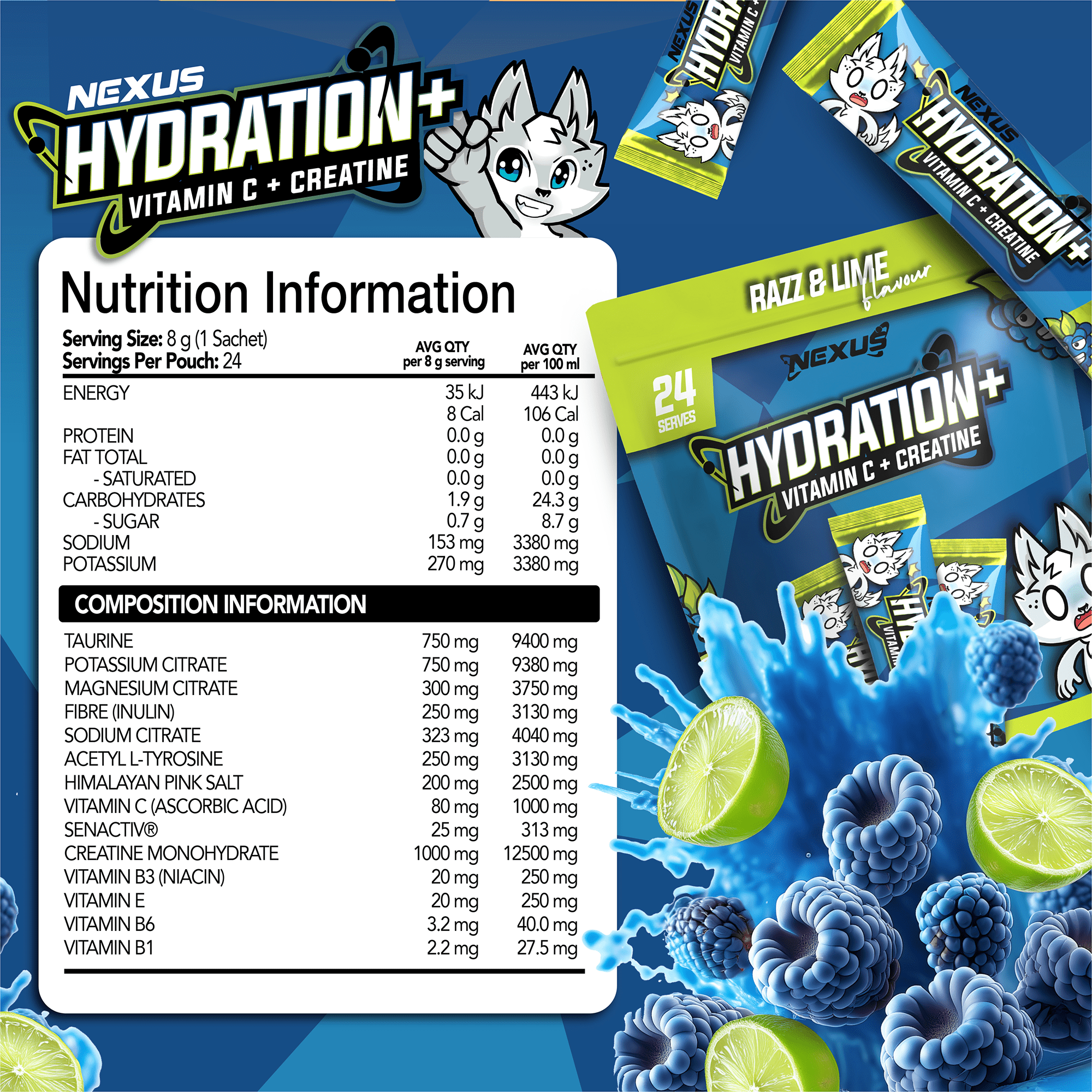 Nexus Nutrition Hydration+ drink mix in Razz Lime flavor with lemon and berry hues in a resealable packet.