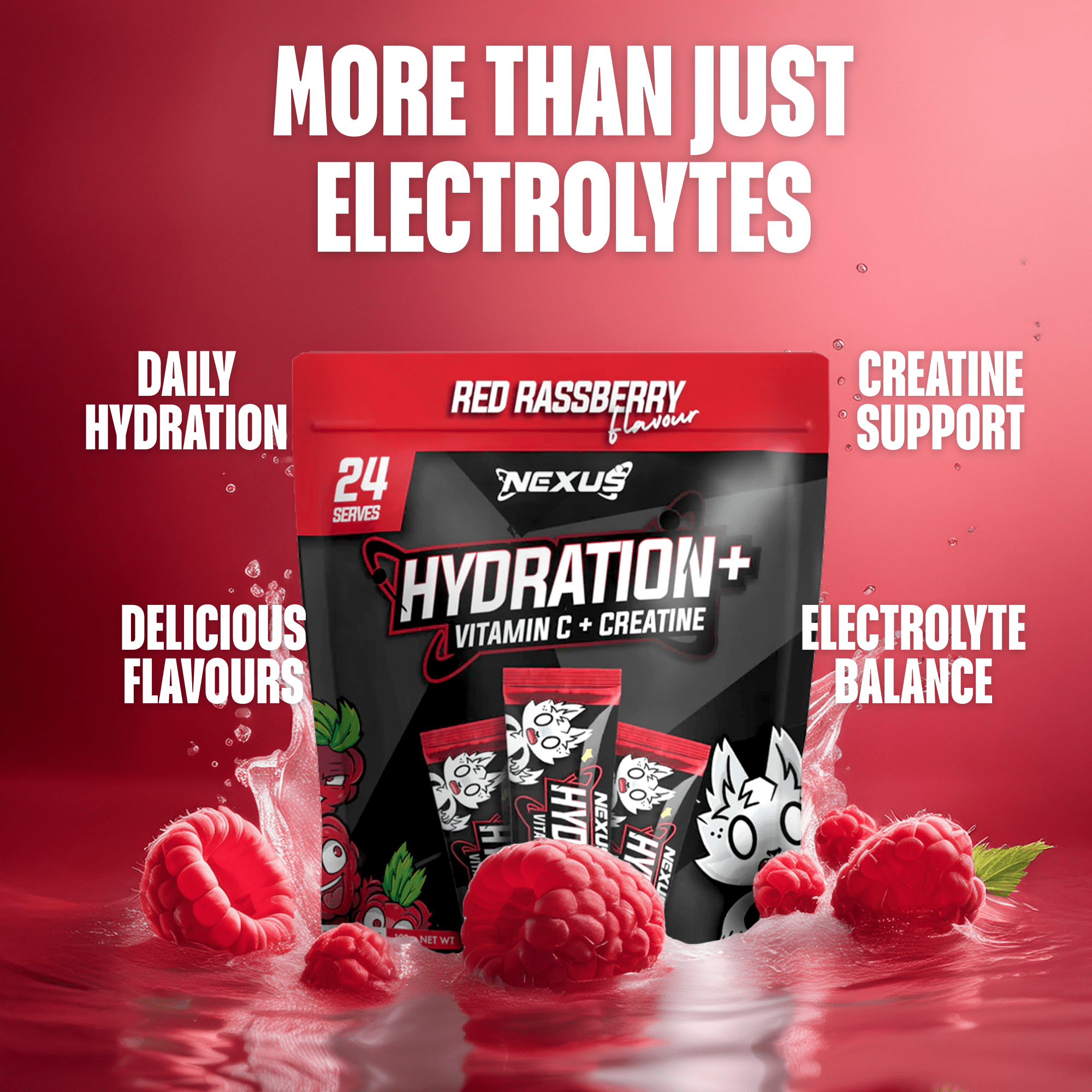 Nexus Nutrition Hydration+ in red raspberry flavor, showing a close-up of the supplement powder and packaging.