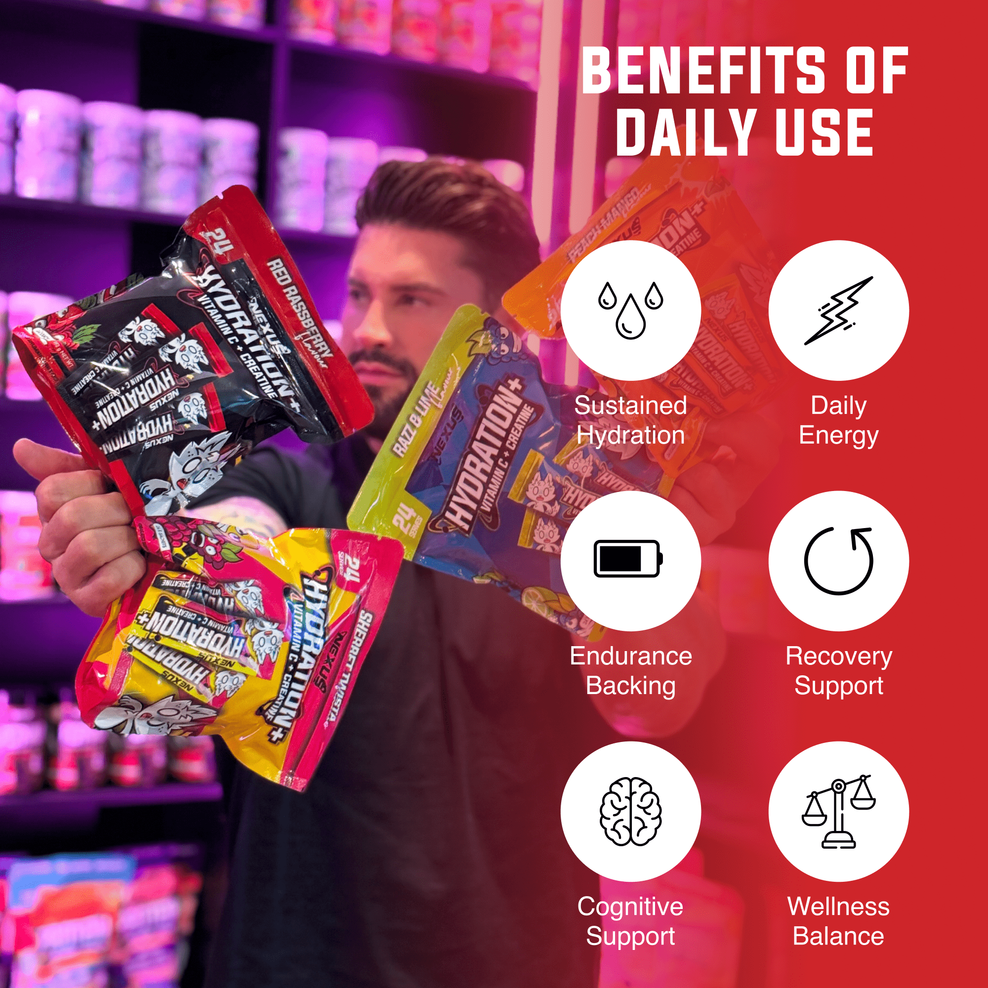 Nexus Nutrition Hydration+ in red raspberry flavor, showing a sleek bottle with vibrant red raspberry design on the label.