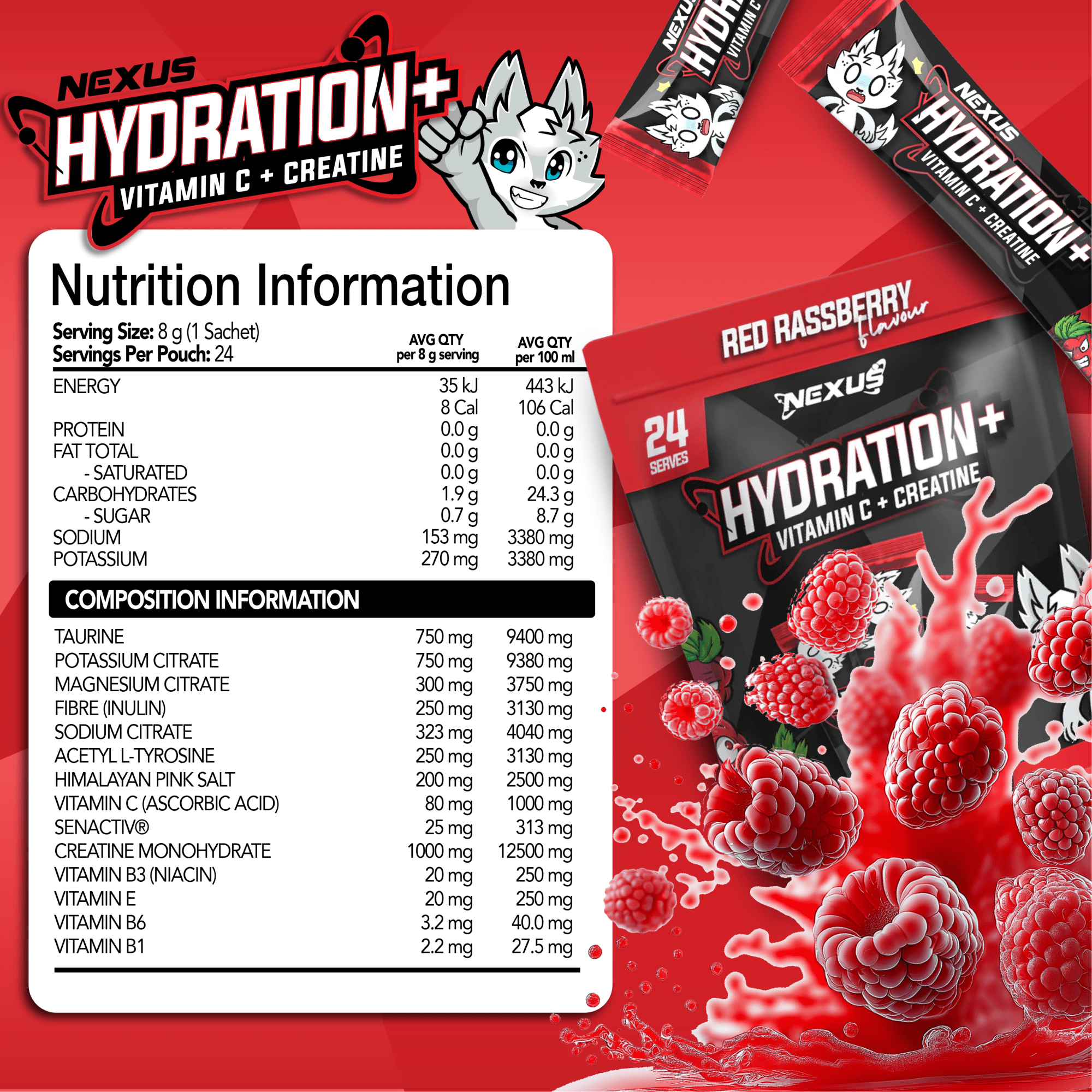 Nexus Nutrition Hydration+ drink with red raspberry flavor in a clear sports bottle, showcasing vibrant red raspberry fruit.