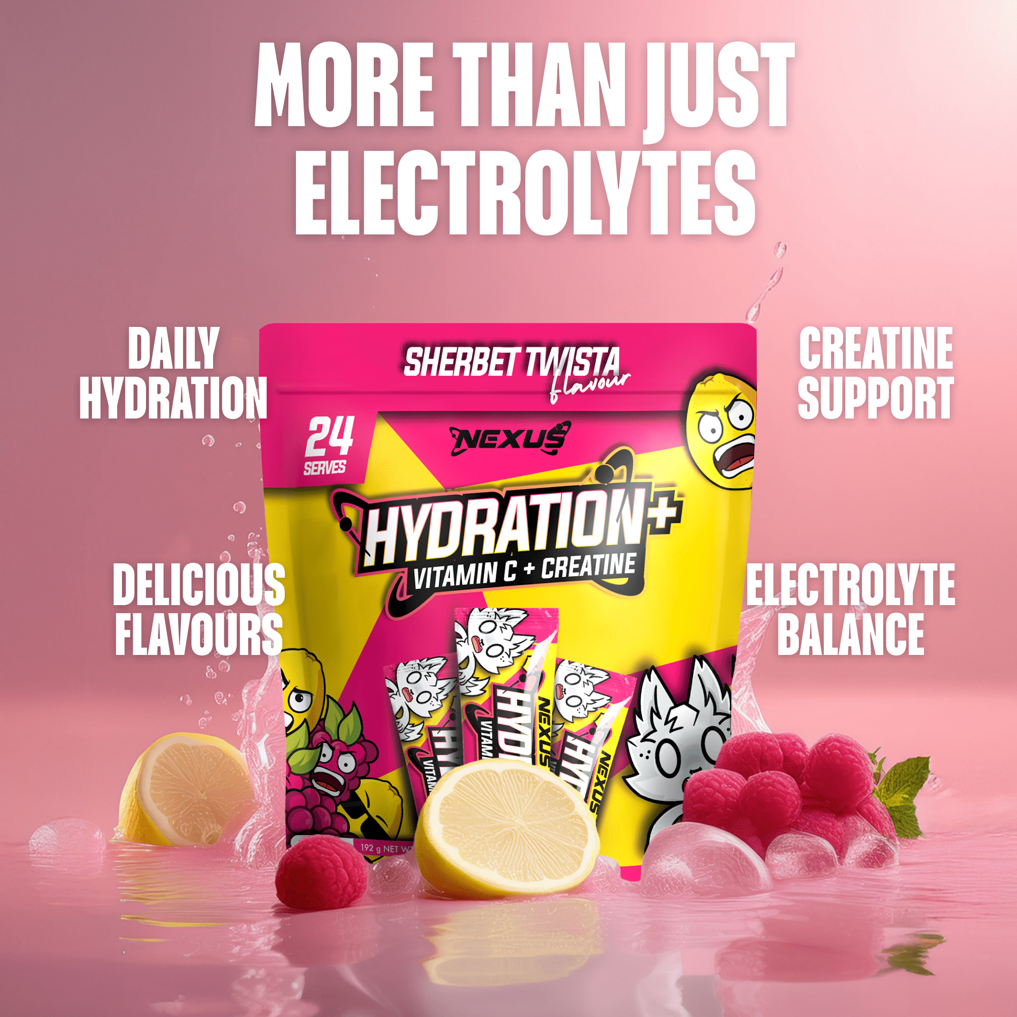 Nexus Nutrition Hydration+ in Sherbert Twista flavor, showing a vibrant, colorful drink with fresh fruit garnishes and a straw.