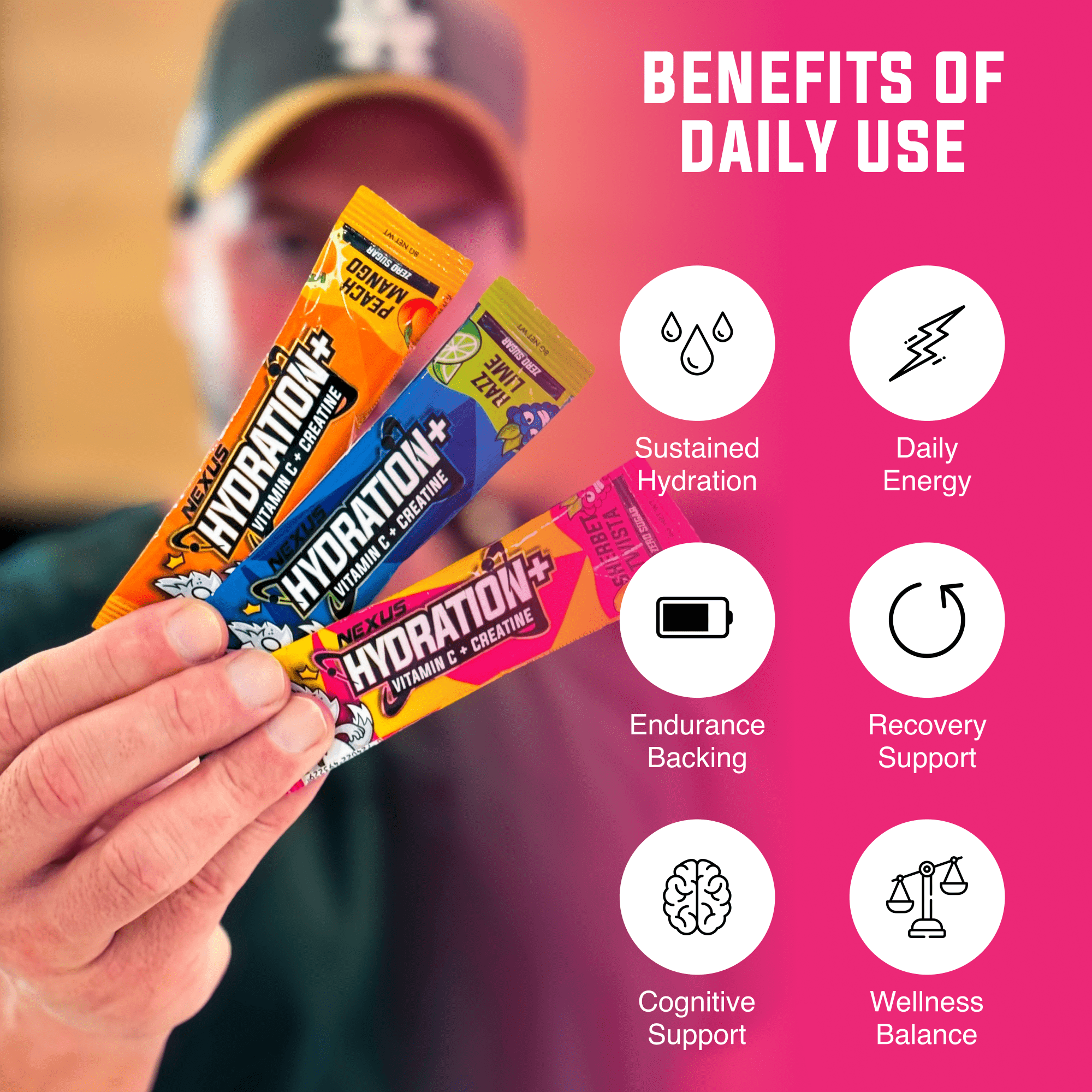 Nexus Nutrition Hydration+ NEXUS supplement in Sherbert Twista flavor, featuring a colorful container and scoop inside.